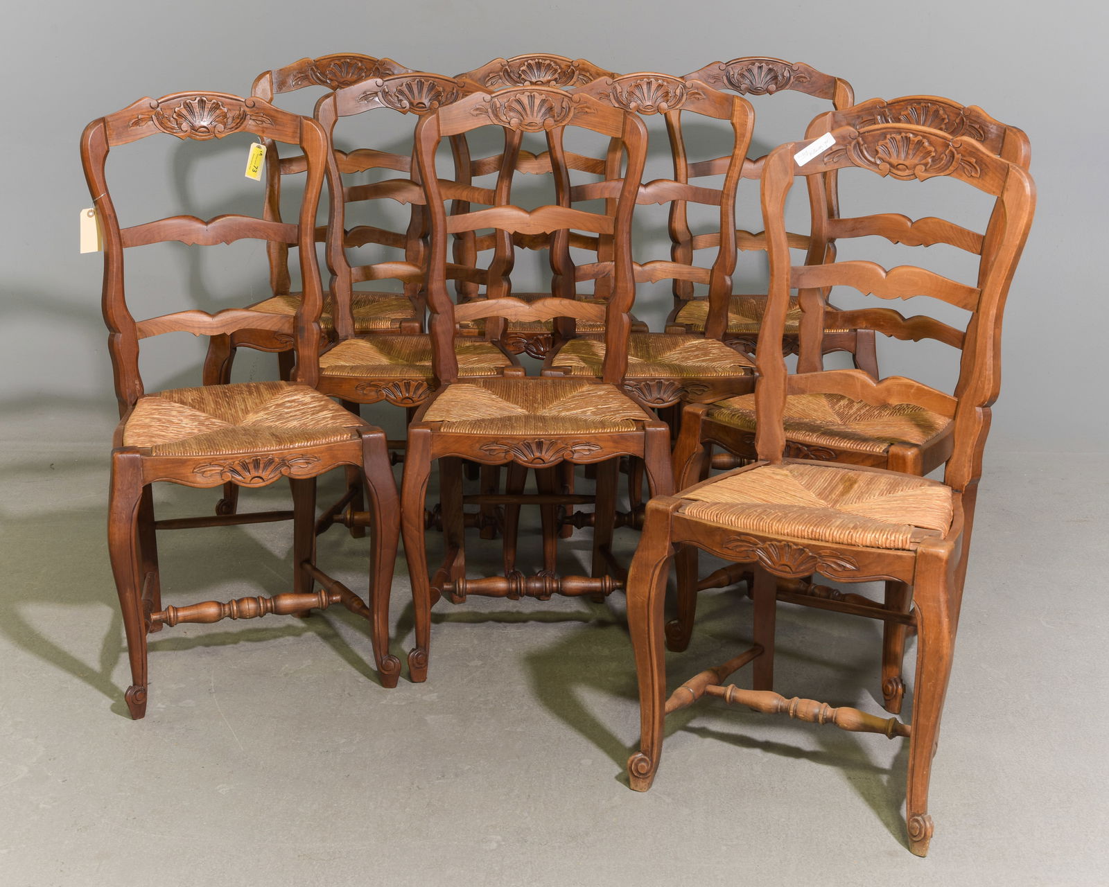 Louis XV Style Set of 9 Oak Rush Seat Chairs: Louis XV Style Set of 8 Oak Rush Seat Chairs - 39 in tall x 19 x 15, seat height is 17 in