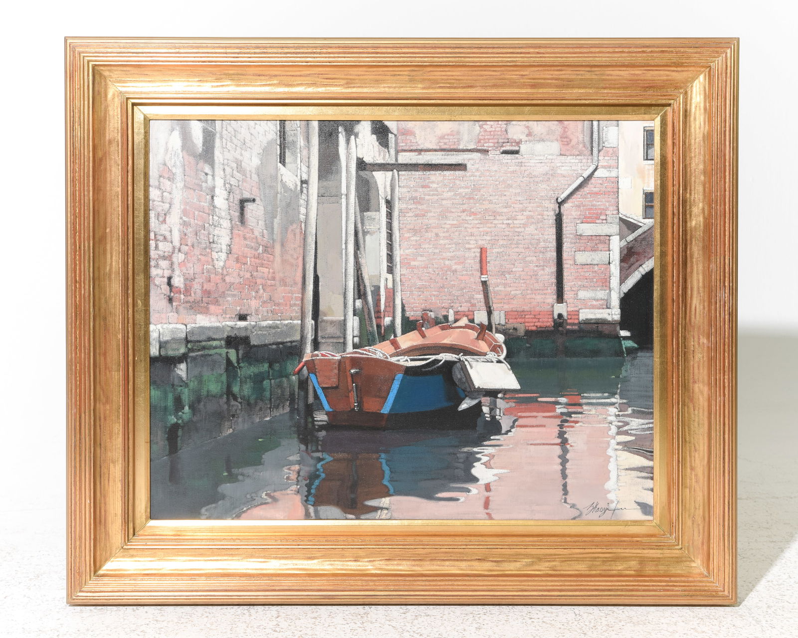 Italian Canal Boat Art on Canvas: Italian Canal Boat Art on Canvas by Yifu, Zhao - 33.5 in tall x 39.5 x 2.5, The work itself is 24 x 30
