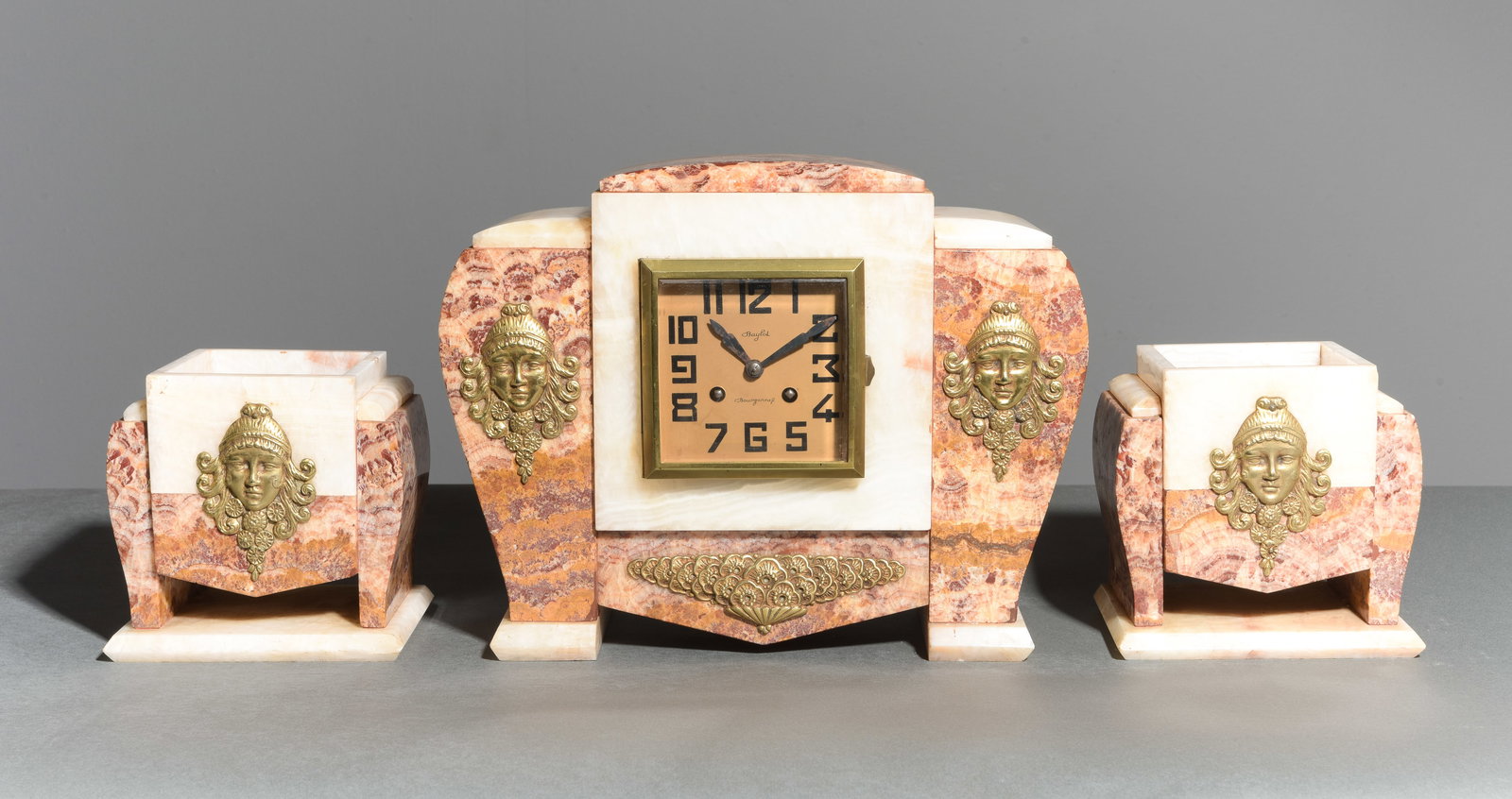 Art Deco Marble Mantle Clock with Garnitures #1: Art Deco Marble Mantle Clock with Garnitures - 10.5 in tall x 13.25 x 6 and the garnitures are 6.25 in tall x 6.25 x 4.5 each