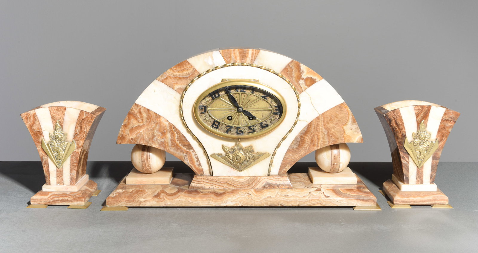 Art Deco Marble Mantle Clock with Garnitures #2: Art Deco Marble Mantle Clock with Garnitures - 11 in tall x 19.5 x 5.5 and the garnitures are 7 in tall x 5.5 x 4.5