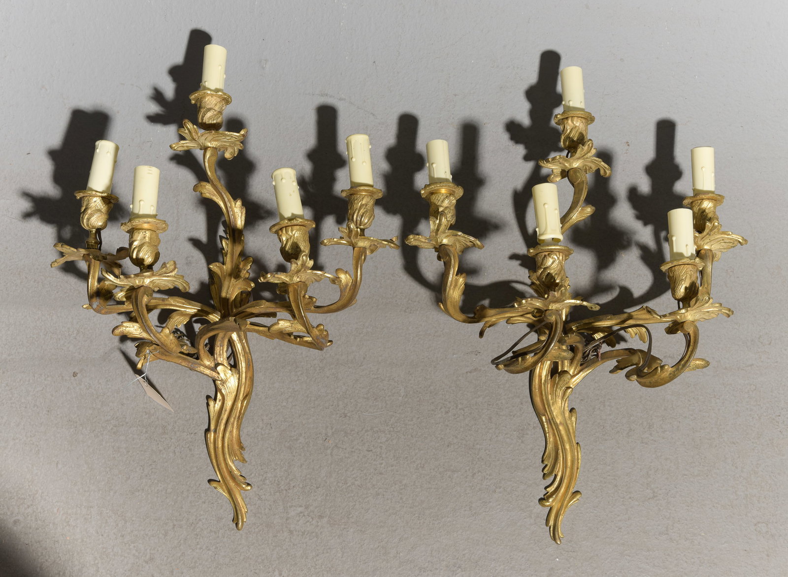 Louis XV Style Pair of Gilded Metal Sconces #1: French Louis XV Style Pair of Gilded Bronze Sconces - 21 in tall x 15 x 11 each - This lot is sold for decorative purposes only & may not have all pieces required to function, if you plan to use this
