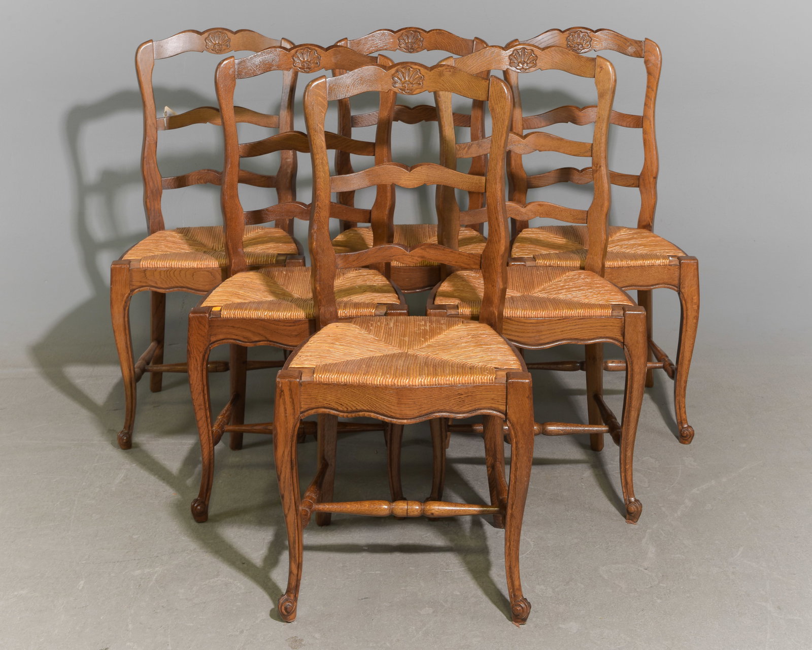 Louis XV Style Set of 6 Oak Rush Seat Chairs: French Louis XV / Country French Style Set of 6 Oak Rush Seat Chairs - 39 in tall x 18 x 16.5 each with a seat height of 18 inches