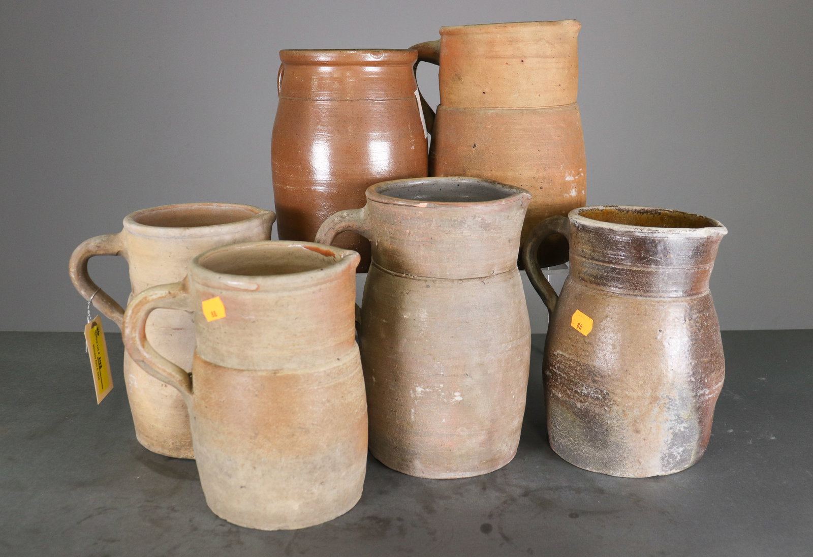 Six Assorted French Pottery / Terracotta Pitchers: Six Assorted French Pottery / Terracotta Pitchers - Largest is 10.25 in tall x 8 x 6.5