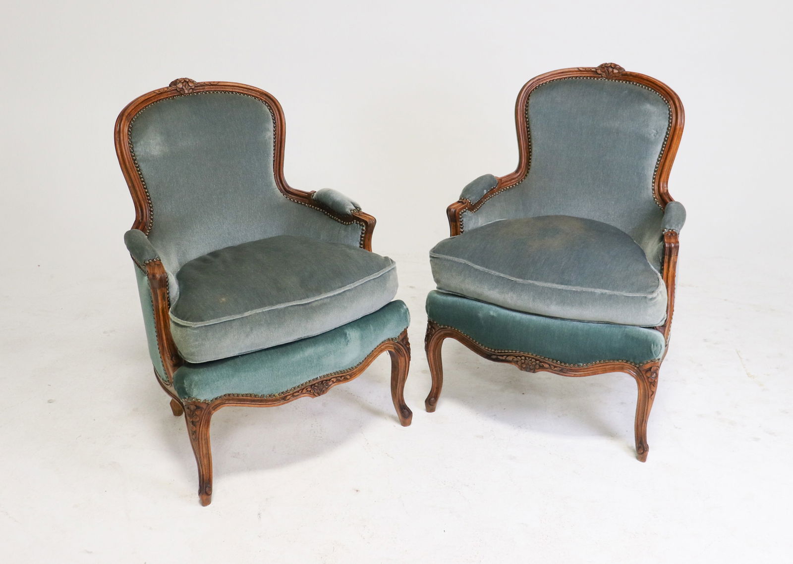 Pair Of French Louis XV Style Upholstered Arm Chairs: Pair Of French Louis XV Style Upholstered Arm Chairs - 35 in tall x 26 x 25, seat height is 21 in
