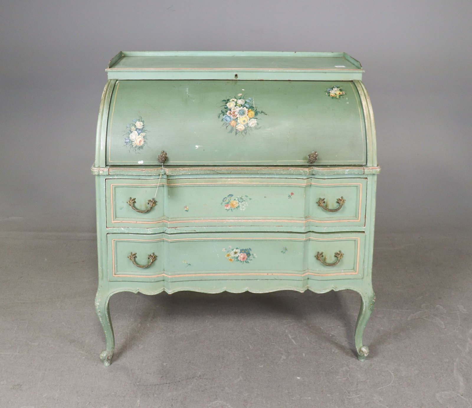 French Painted Cylinder Roll Top Desk: French Painted Cylinder Roll Top / Secretary Desk - 42.5 in tall x 39 x 22