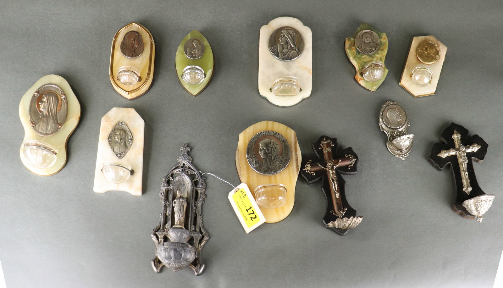 12 Assorted Religious Crosses, Marble Fonts, ETC: 12 Assorted Religious Crosses, Marble Fonts, ETC - 7 in tall x 5 x 2