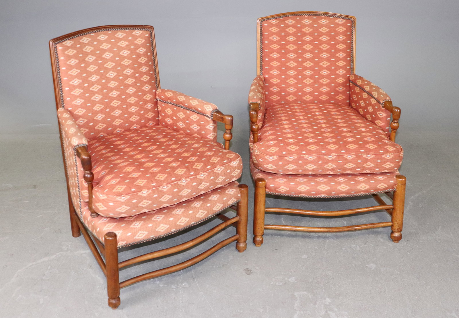 Pair Of French Provincial Style Upholstered Arm Chairs: Pair Of French Provincial Style Upholstered Arm Chairs - 35 in tall x 25 x 23, seat height Is 17 in