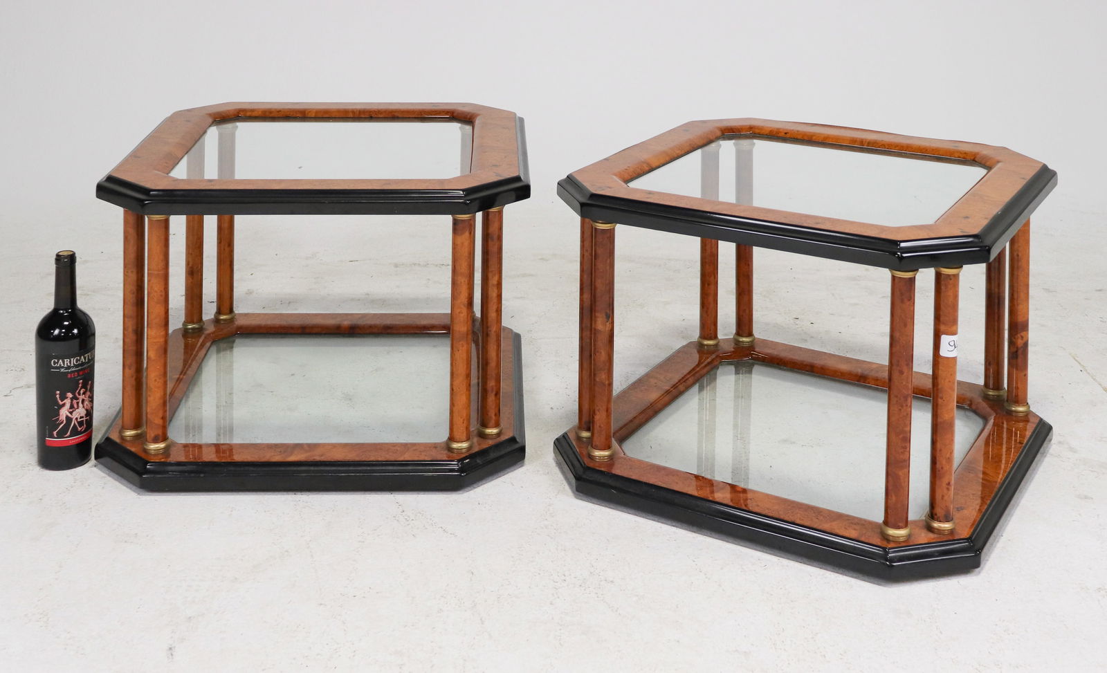 Pair Of Art Nouveau Glass Top Walnut Coffee Tables: Pair Of French Art Nouveau Glass Top Walnut Coffee Tables - 17 in tall x 24 x 24