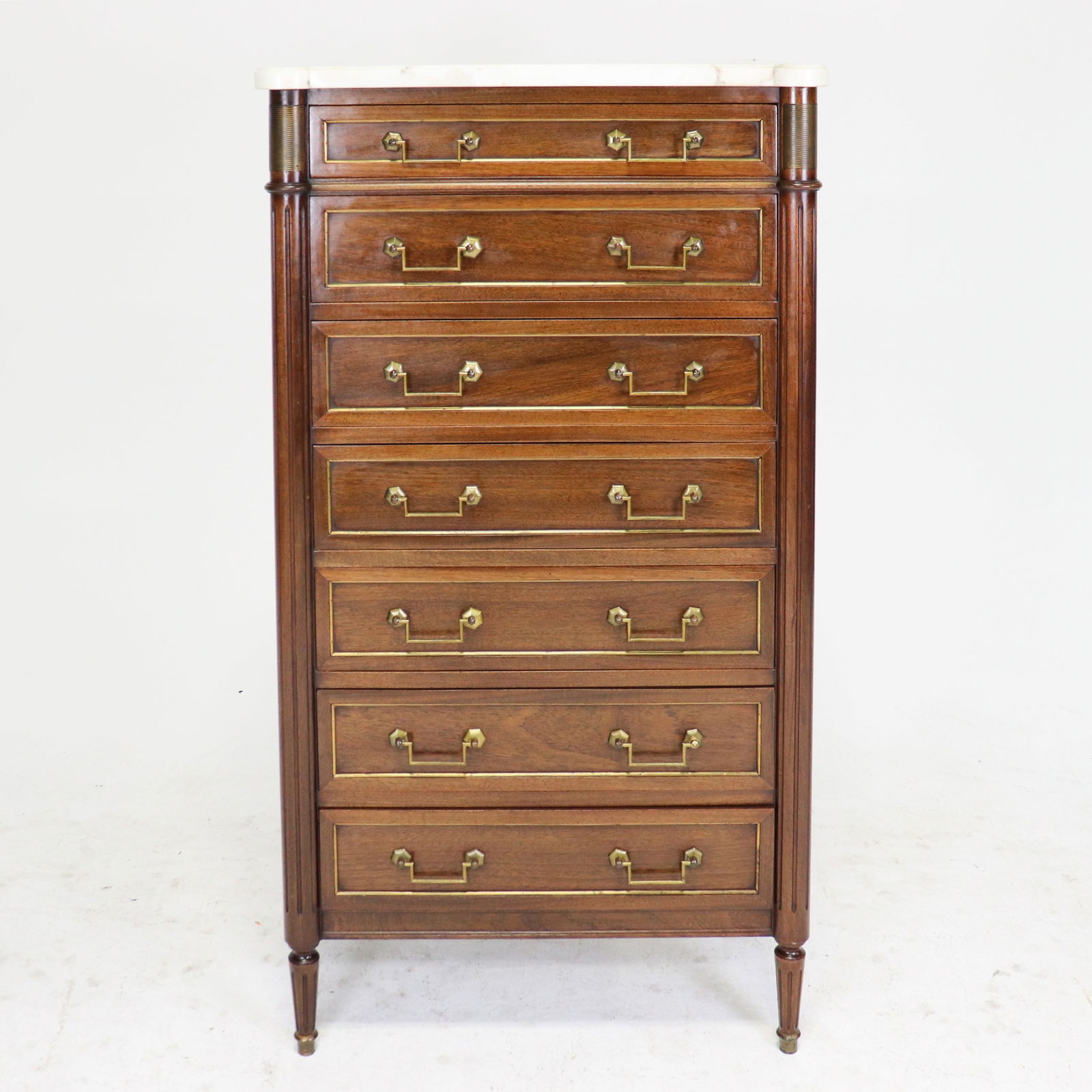 Louis XVI Style White Marble Top Semainier: French Louis XVI Style White Marble Top Semainier - 56.5 in tall x 31 x 18