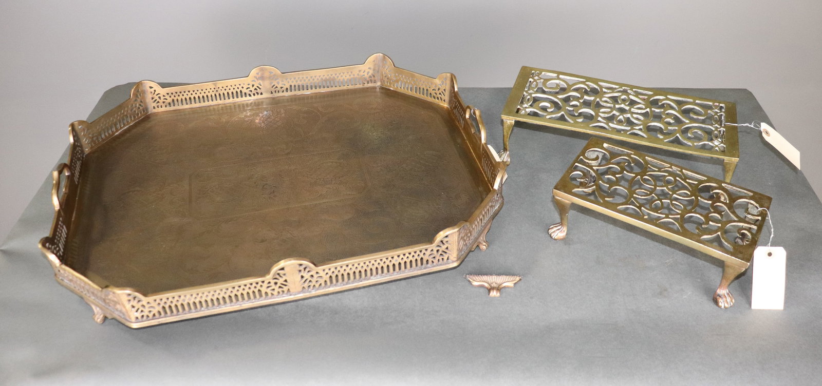 Castilian Brass Footed Tray & 2 Trivets: Castilian Brass Footed Tray & 2 Trivets - tray is 4.5 in tall x 24.5 x 18.5, 4 in tall x 13.5 x 6