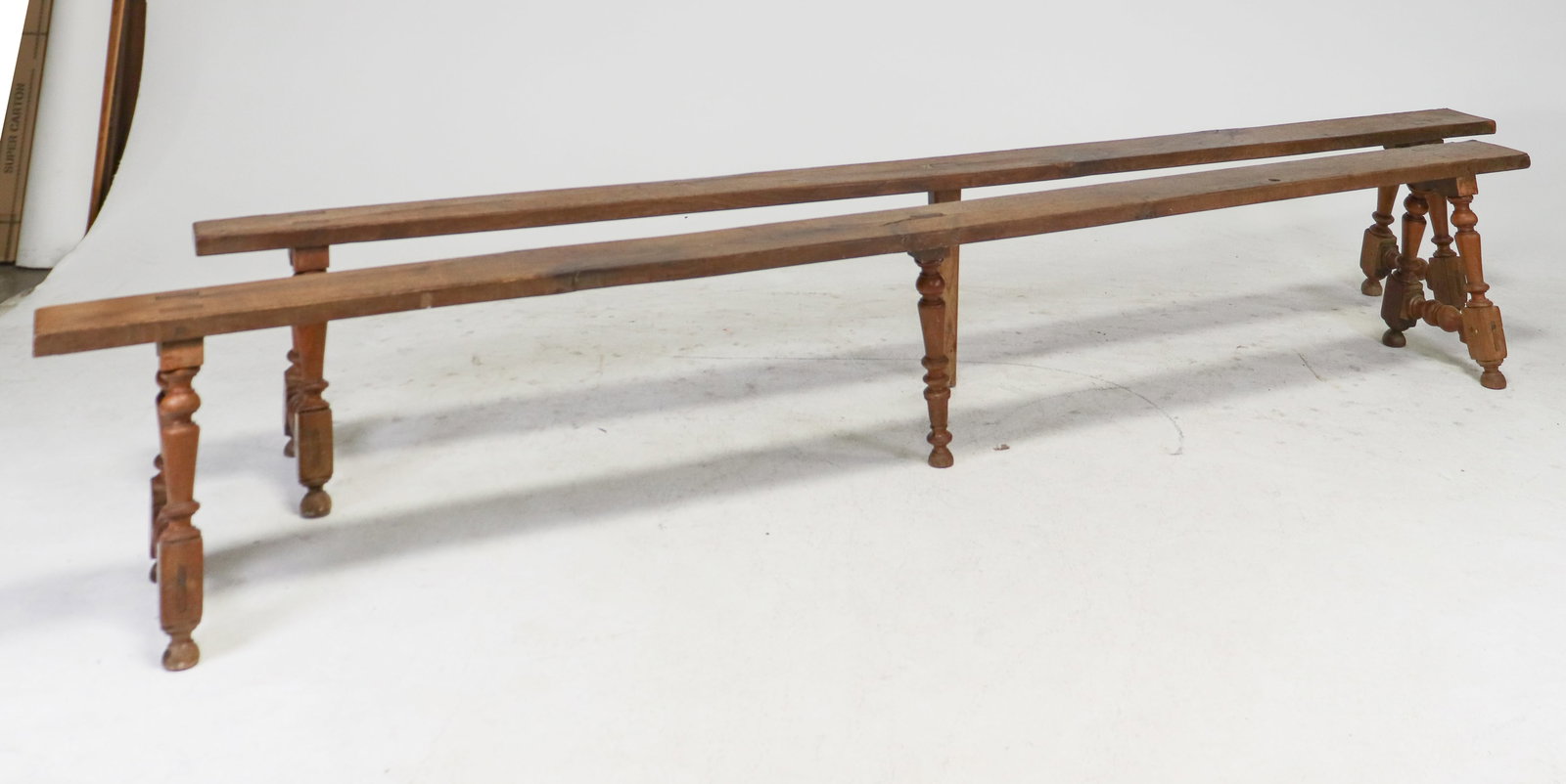 2 French Long Farmhouse Benches: 2 French Long Farmhouse Benches - 18.5 in tall x 118 x 13.75
