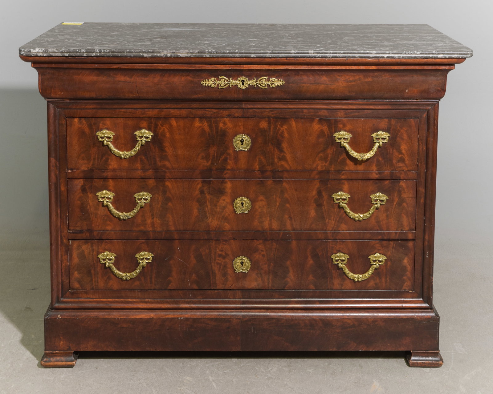 Louis Philippe Style Grey Marble Top Chest: French Louis Philippe Style Grey Marble Top Mahogany Four Drawer Chest - 37.5 in tall x 50 x 22