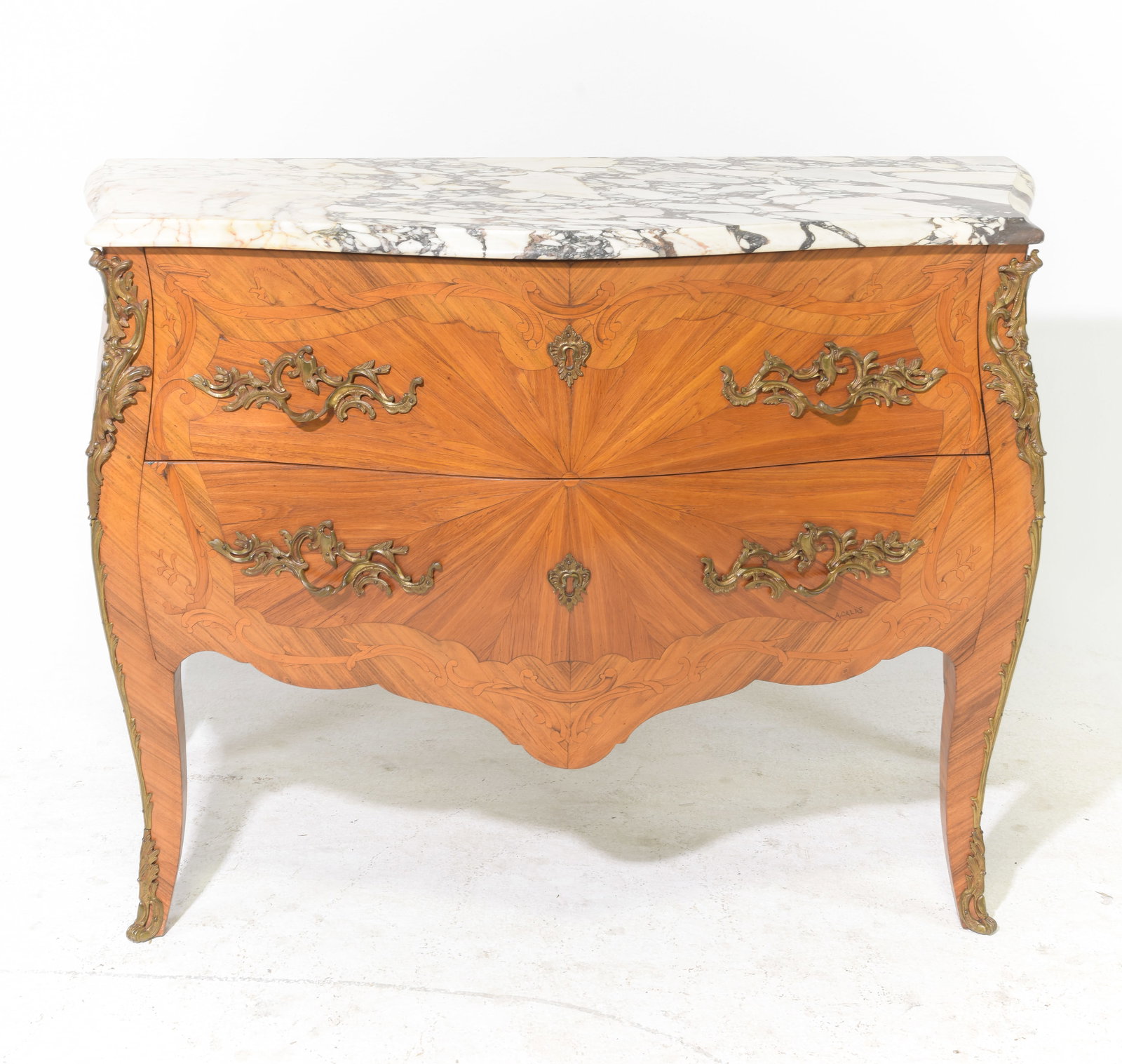 Louis XV Style Marble Top Walnut 2 Drawers Chest: French Louis XV Style Marble Top Walnut 2 Drawers Chest - 33.75 in tall x 46.75 x 20.75