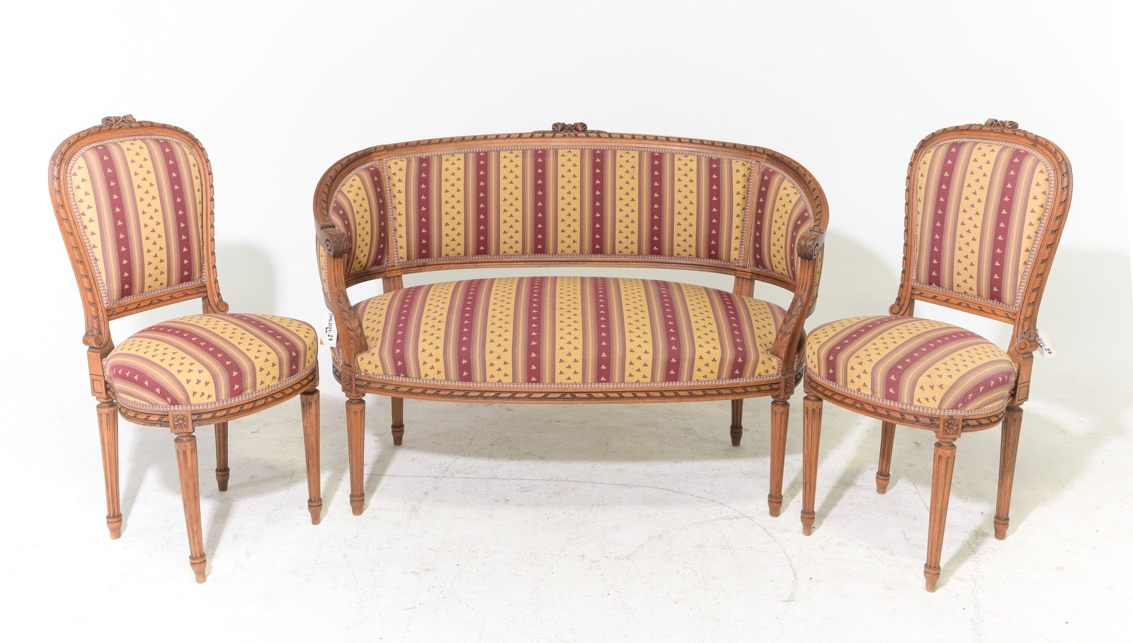 Louis XVI Style Walnut Settee / Sofa & 2 Chairs: French Louis XVI Style Walnut Settee / Sofa & 2 Chairs 33.5 in tall x 48.25 x 24 with a seat height of 17 inches - Side chairs are 37 in tall x 18 x 17 each with a seat height of 18 inches