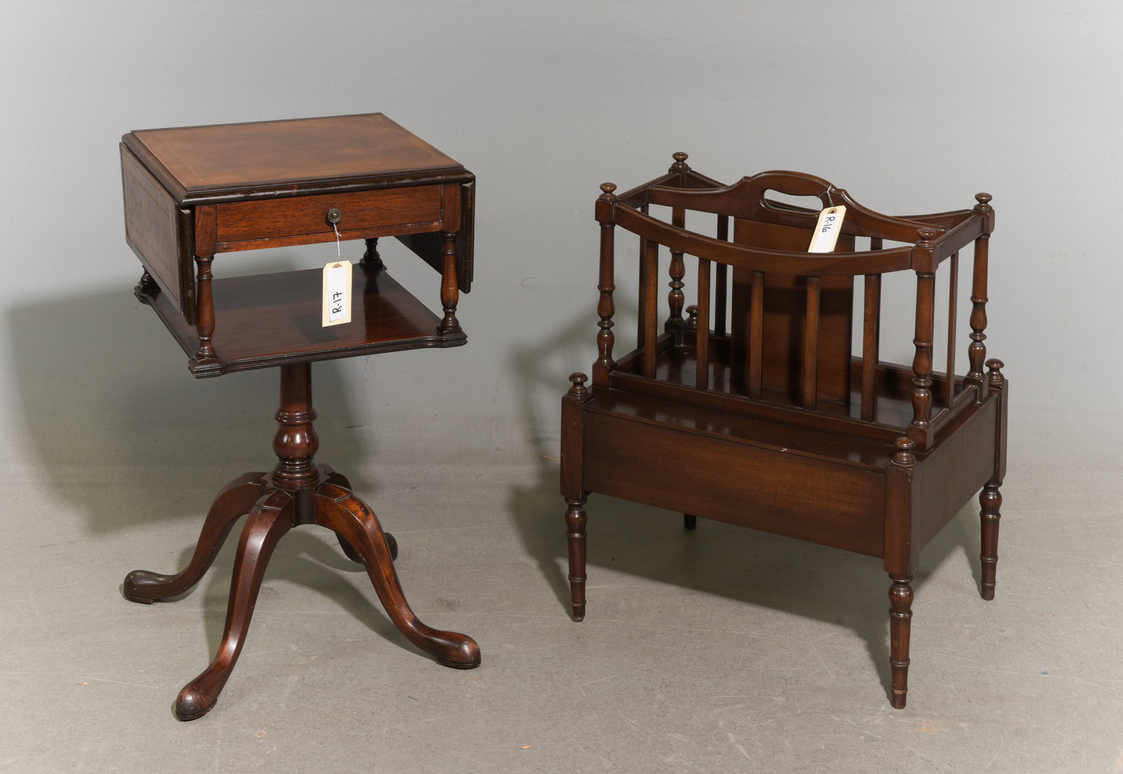 Mahogany Drop Sided Side Table & Magazine Rack: Mahogany Drop Sided Leather Top Side Table & Magazine Rack - 23 in tall x 19.5 x 16, 26.5 in tall x 15.5 x 15