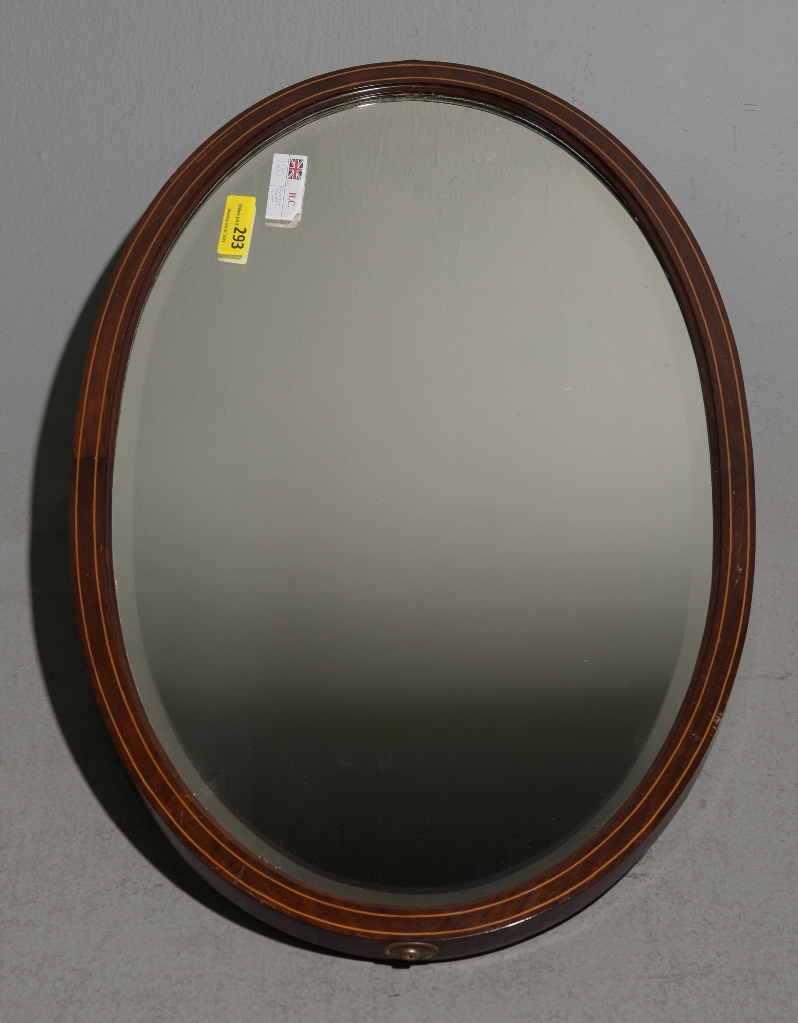 British Mahogany Framed Beveled Mirror: British Mahogany Framed Beveled Oval Mirror - 22.5 in tall x 36 x 1.5