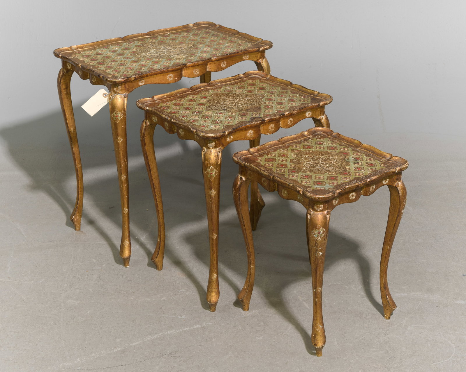 French Florentine Nest of Three Tables: French Florentine Nest of Three Tables - 23 in tall x 22 x 14, 20 in tall x 17 x 13, 17 in tall x 12.5 x 12.5