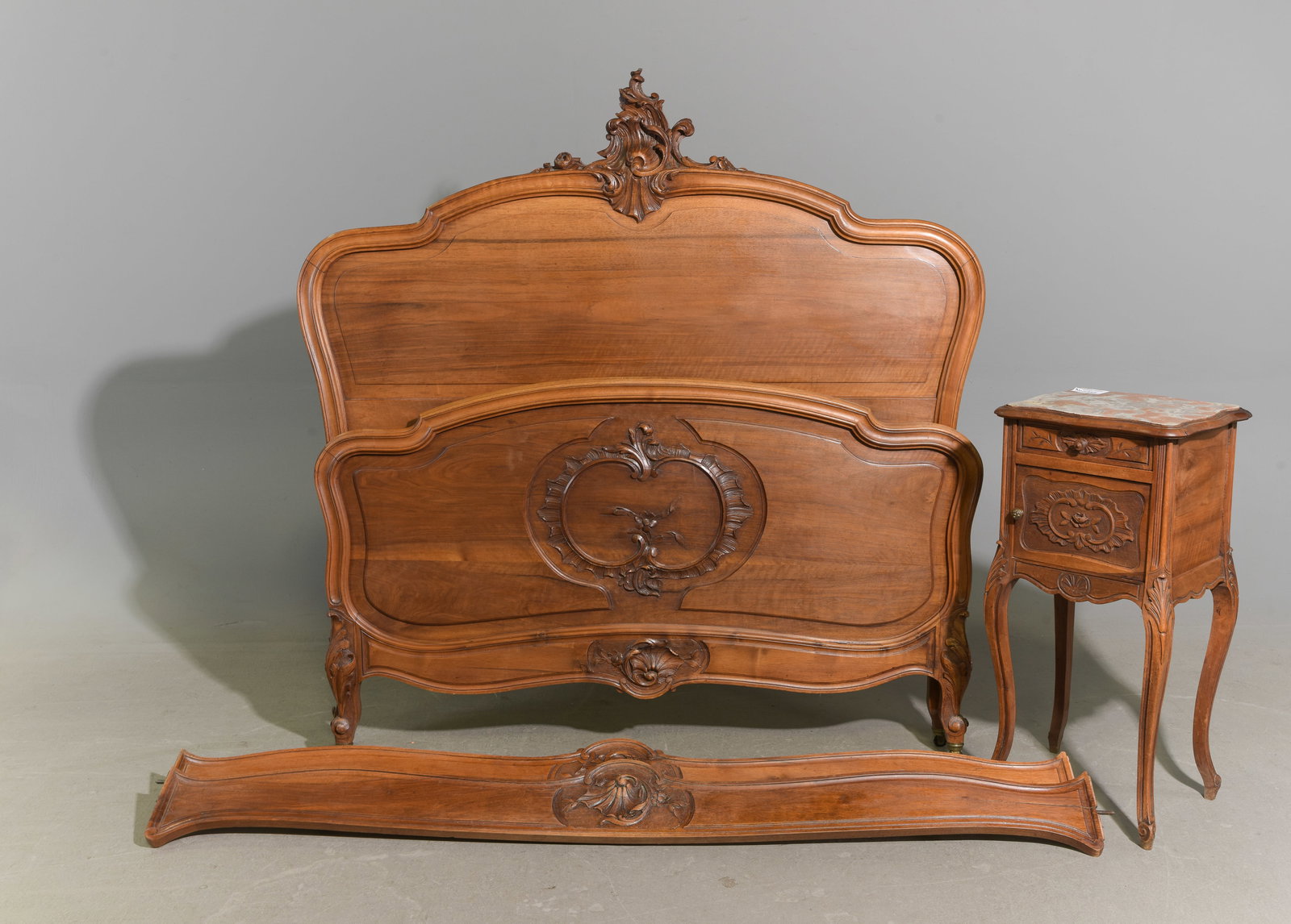 Louis XV Style Walnut Bed with Rails & Nightstand: French Louis XV Style Walnut Bed with Rails & Nightstand - Headboard is 51 in tall x 57.5 x 2.5, Rails are 75 inches long each, Nightstand is 34 in tall x 16.5 x 14 - This bed is a European size which