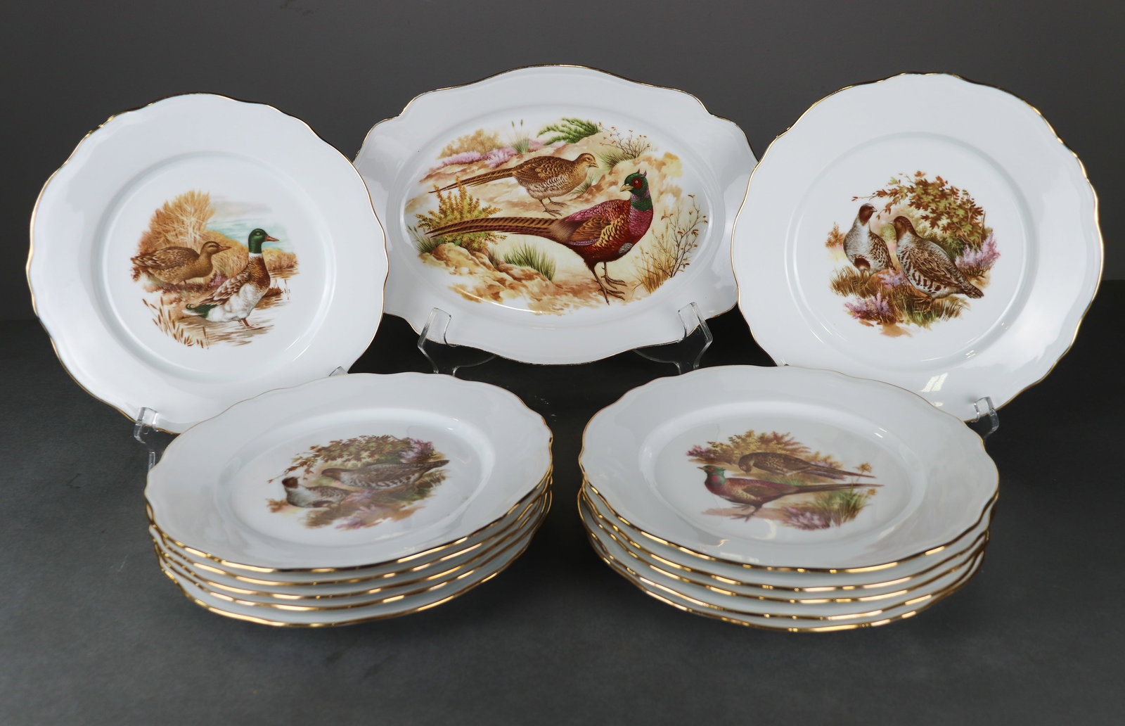 13pc Hunt Plate Set - Platter & Plates: 13pc Hunt Plate Set - Platter & Plates - platter is 1.75 in tall x 14.5 x 9.5, plates are 1 in tall x 10 in diameter