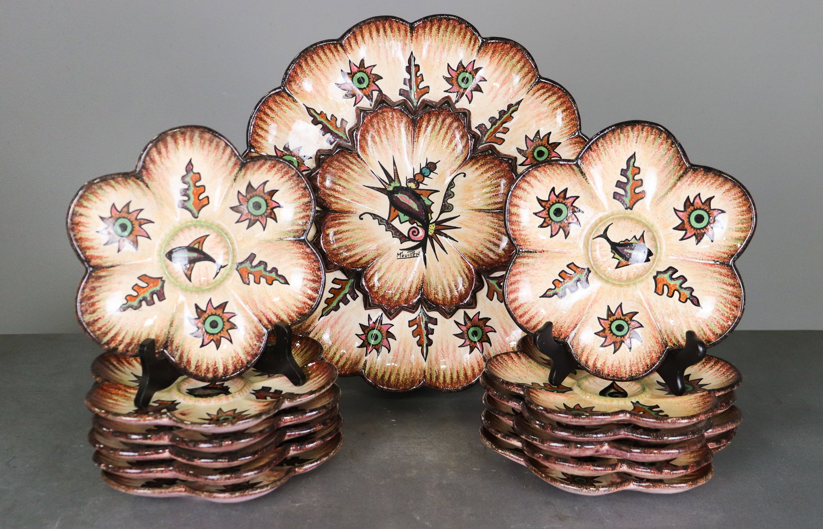 13pc French Quimper Oyster Plate Set: 1.25 in tall x 15.5 diameter and 1.25 in tall x 9.25 inch diameter
