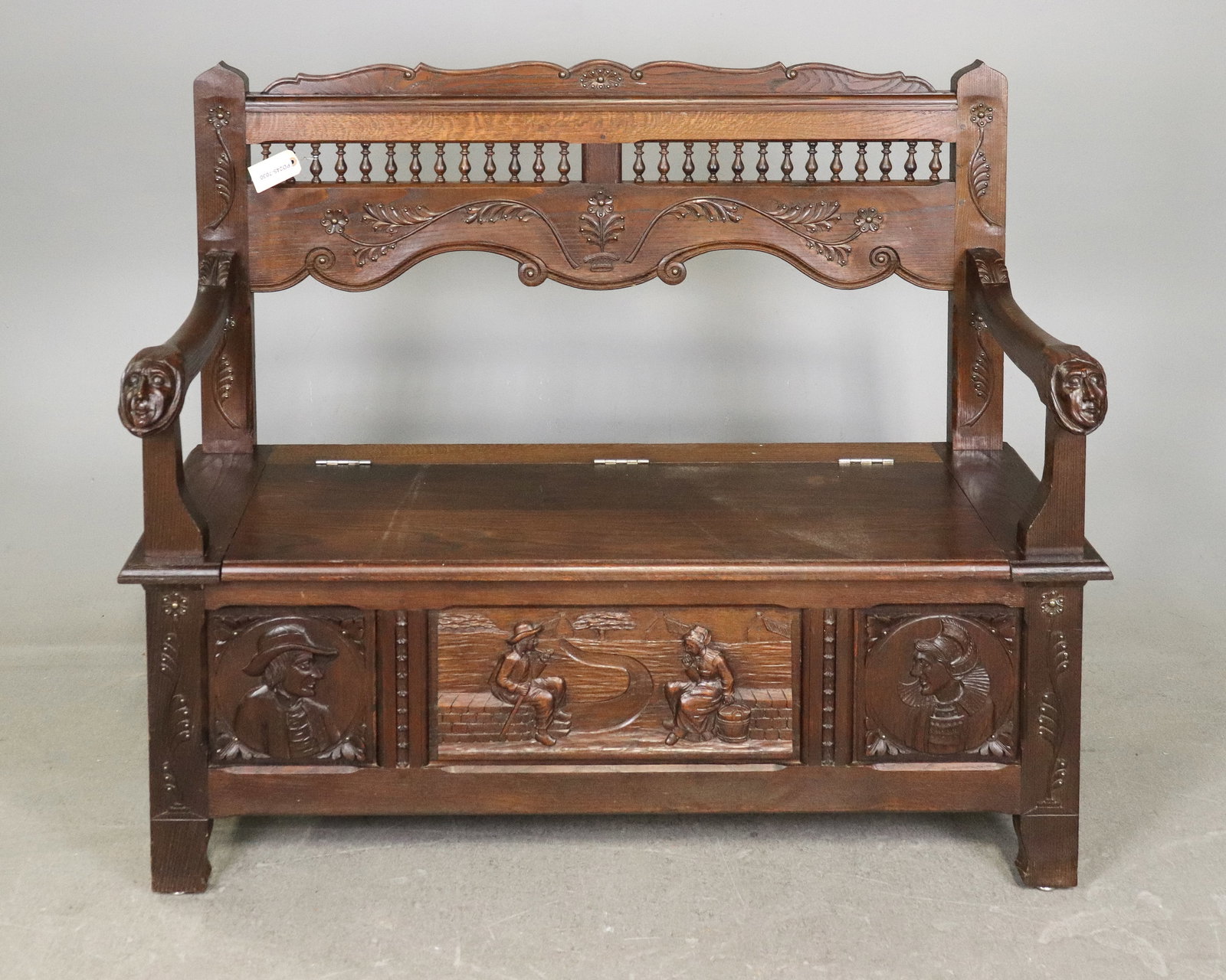 Breton Style Carved Oak Hall Bench with Lift Seat (1 of 7)