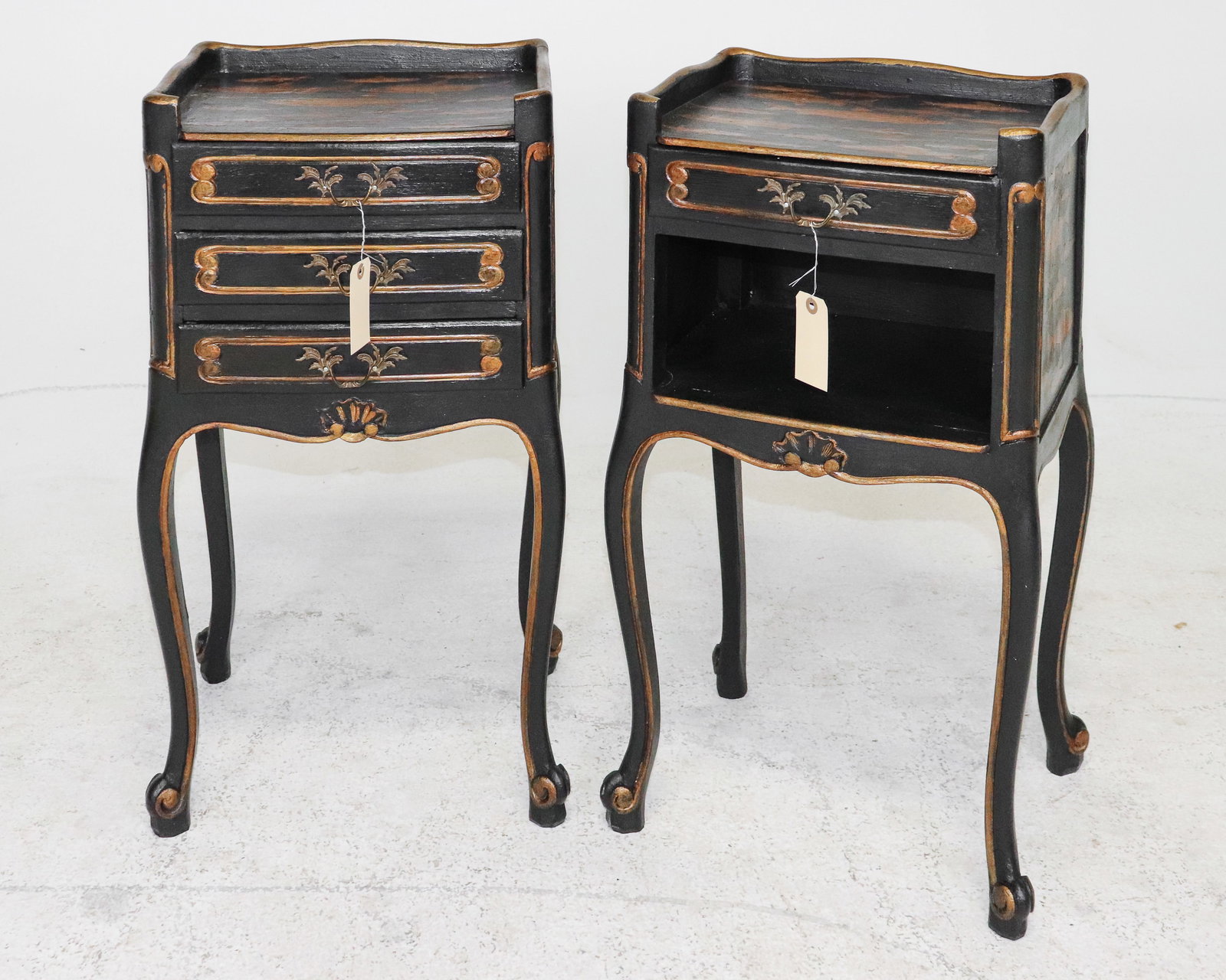 2 Louis XV Style Decoupage Nightstands: 2 French Louis XV Style Decoupage Nightstands with Fish Motif - 28 in tall x 15 x 13 each