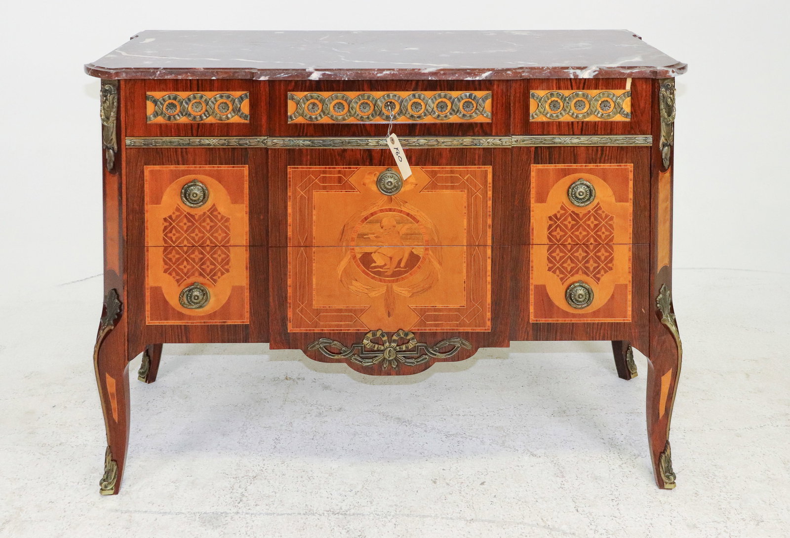 Swedish Haupt Style Marble Top Chest: Swedish Haupt Style Marble Top Marquetry Inlaid Chest - 32.5 in tall x 44 x 19