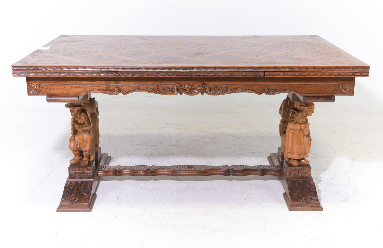 French Breton Style Oak Parquet Top Draw Leaf Table (1 of 6)