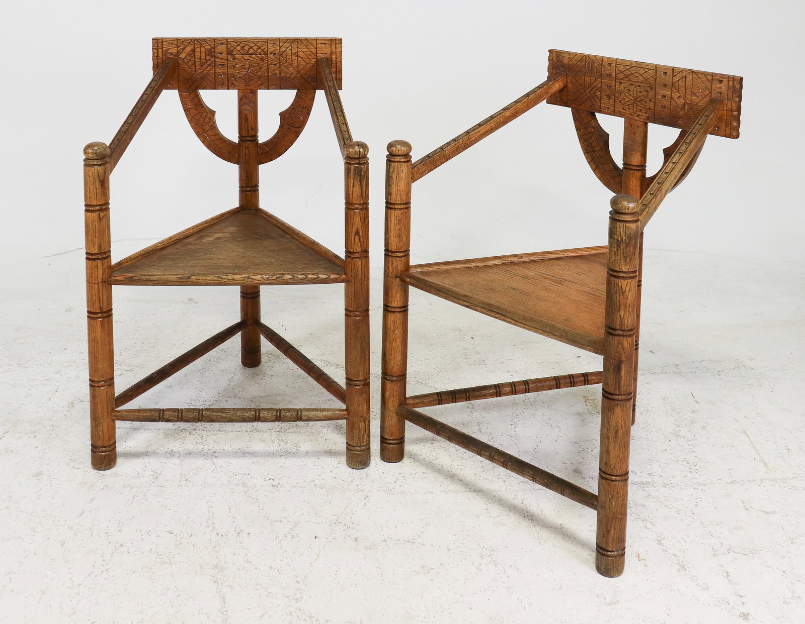 2 Swedish Carved Oak Monks Arm Chairs: 2 Swedish Carved Oak Monks Arm Chairs - 34 in tall x 17.5 x 20, seat height is 17 in