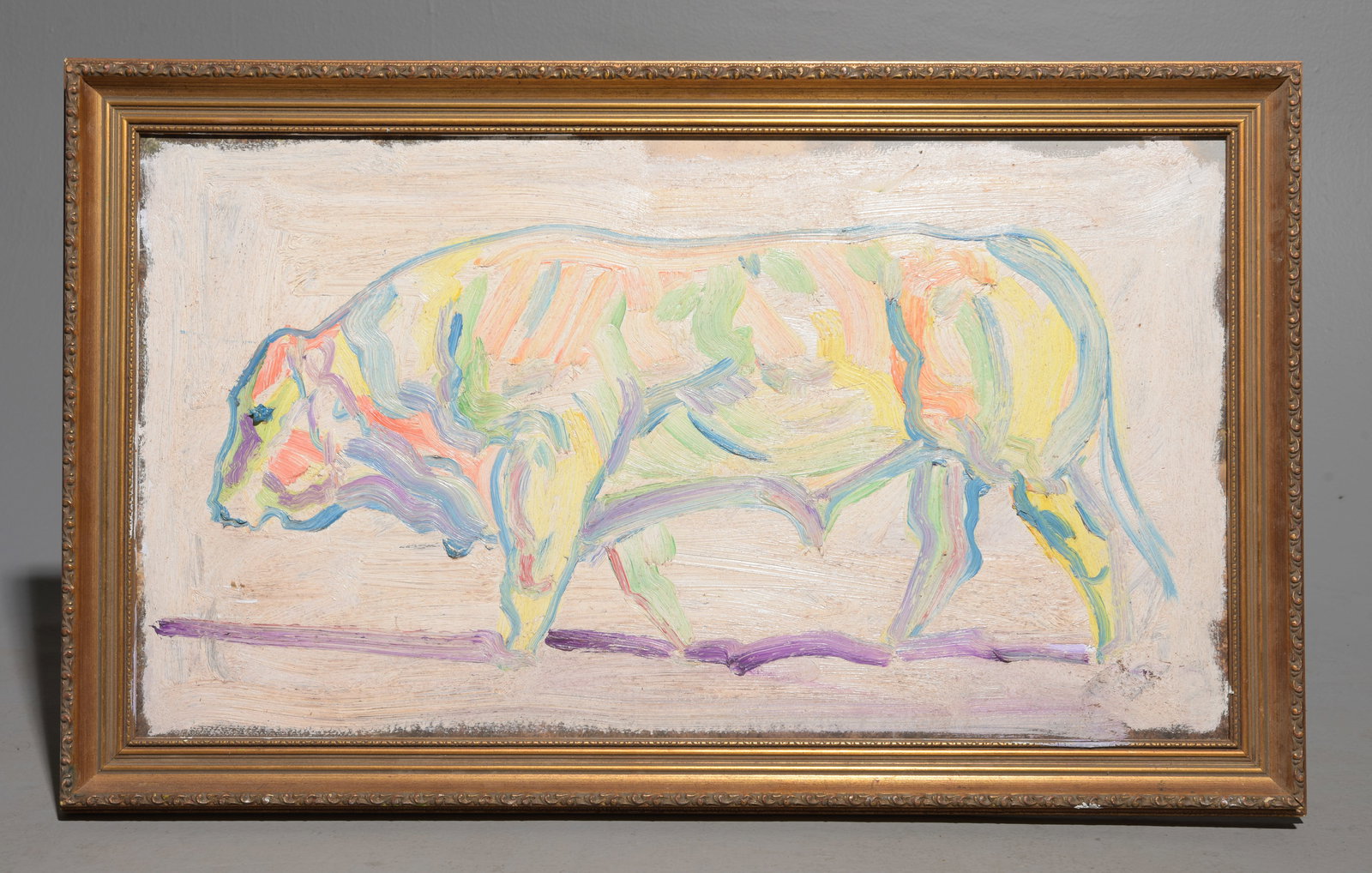 Gold Framed Oil on Board - Polychrome Cow: Gold Framed Oil on Board - Polychrome Cow - 33 in tall x 20.5 x 1.5, The work itself is 16 x 20.5