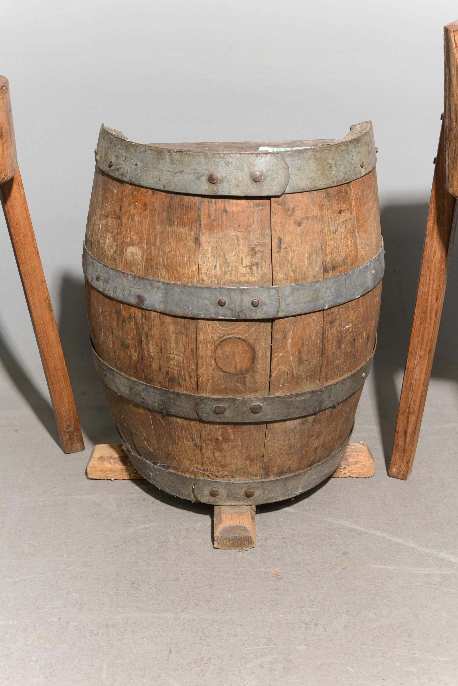 2 Rustic Tree Trunk Stools & Half Barrell Stand - 2