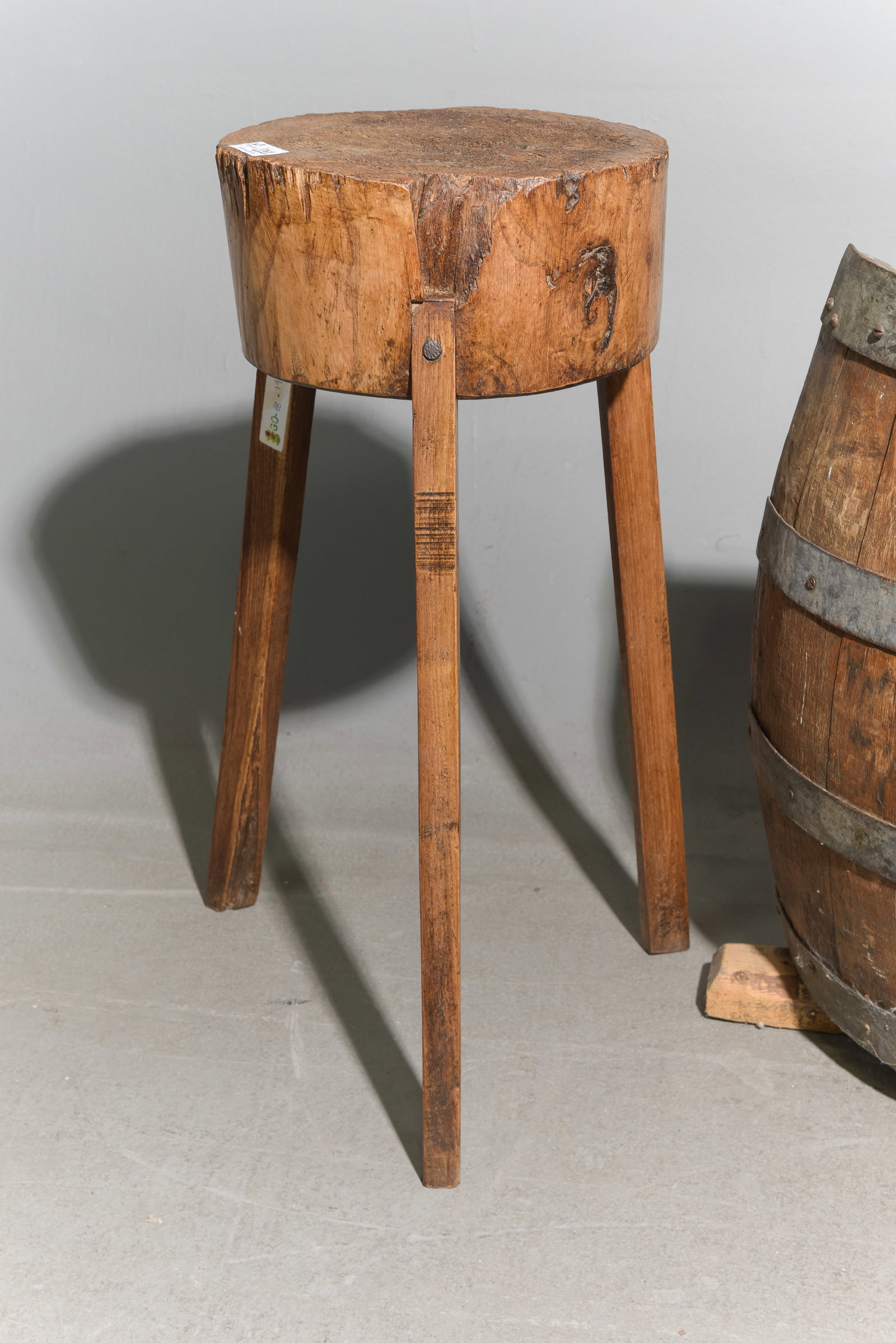 2 Rustic Tree Trunk Stools & Half Barrell Stand - 3