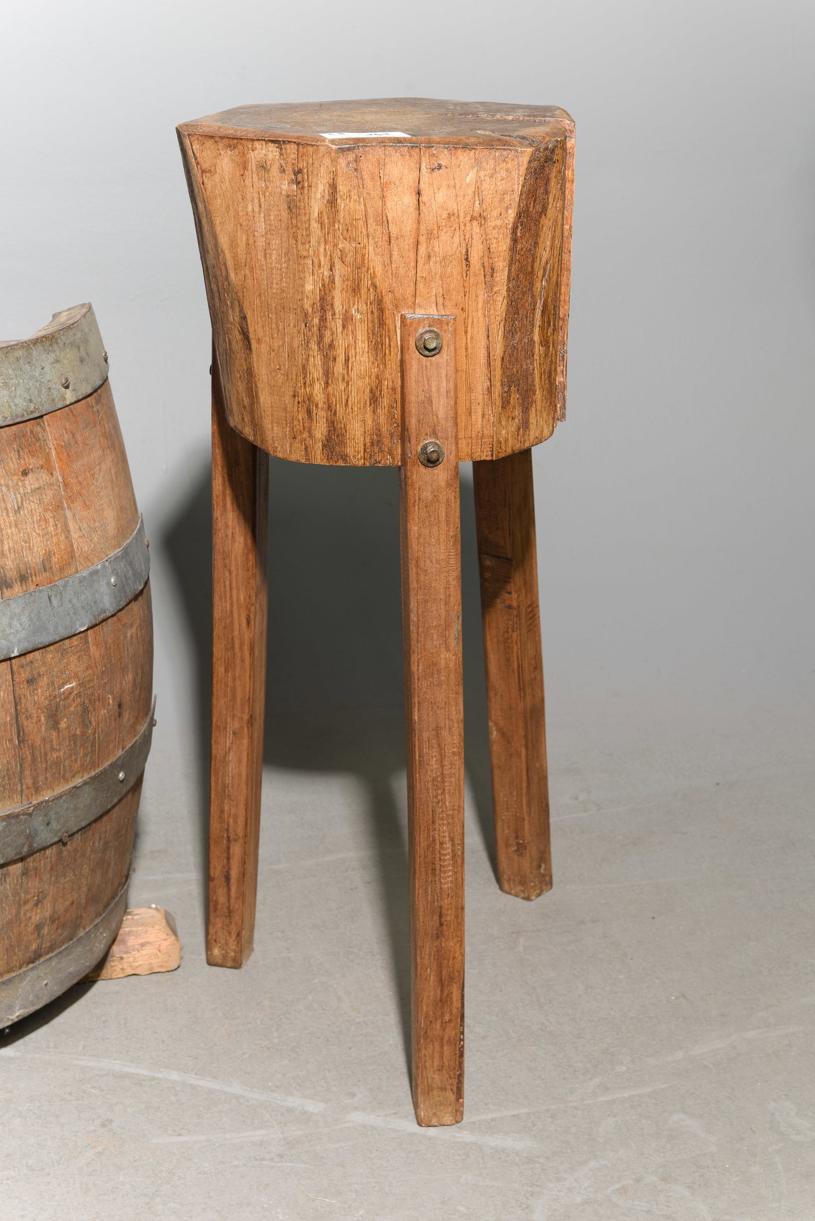 2 Rustic Tree Trunk Stools & Half Barrell Stand - 4