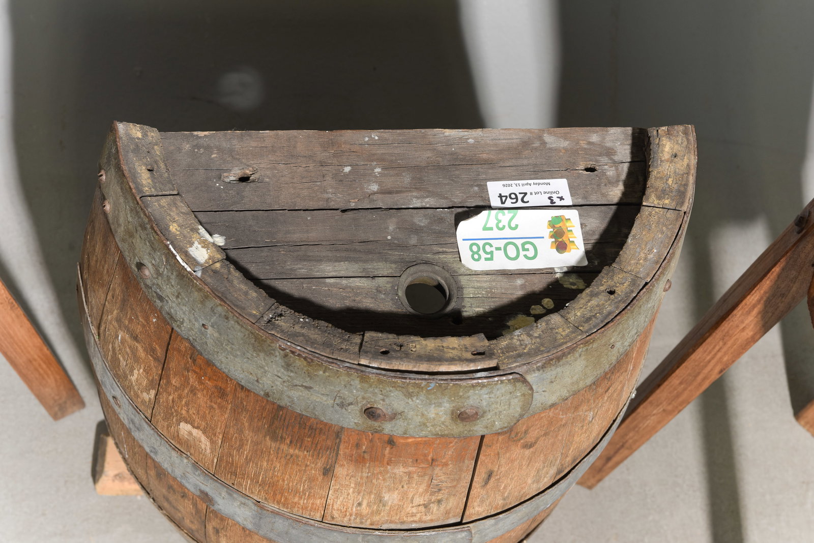 2 Rustic Tree Trunk Stools & Half Barrell Stand - 7