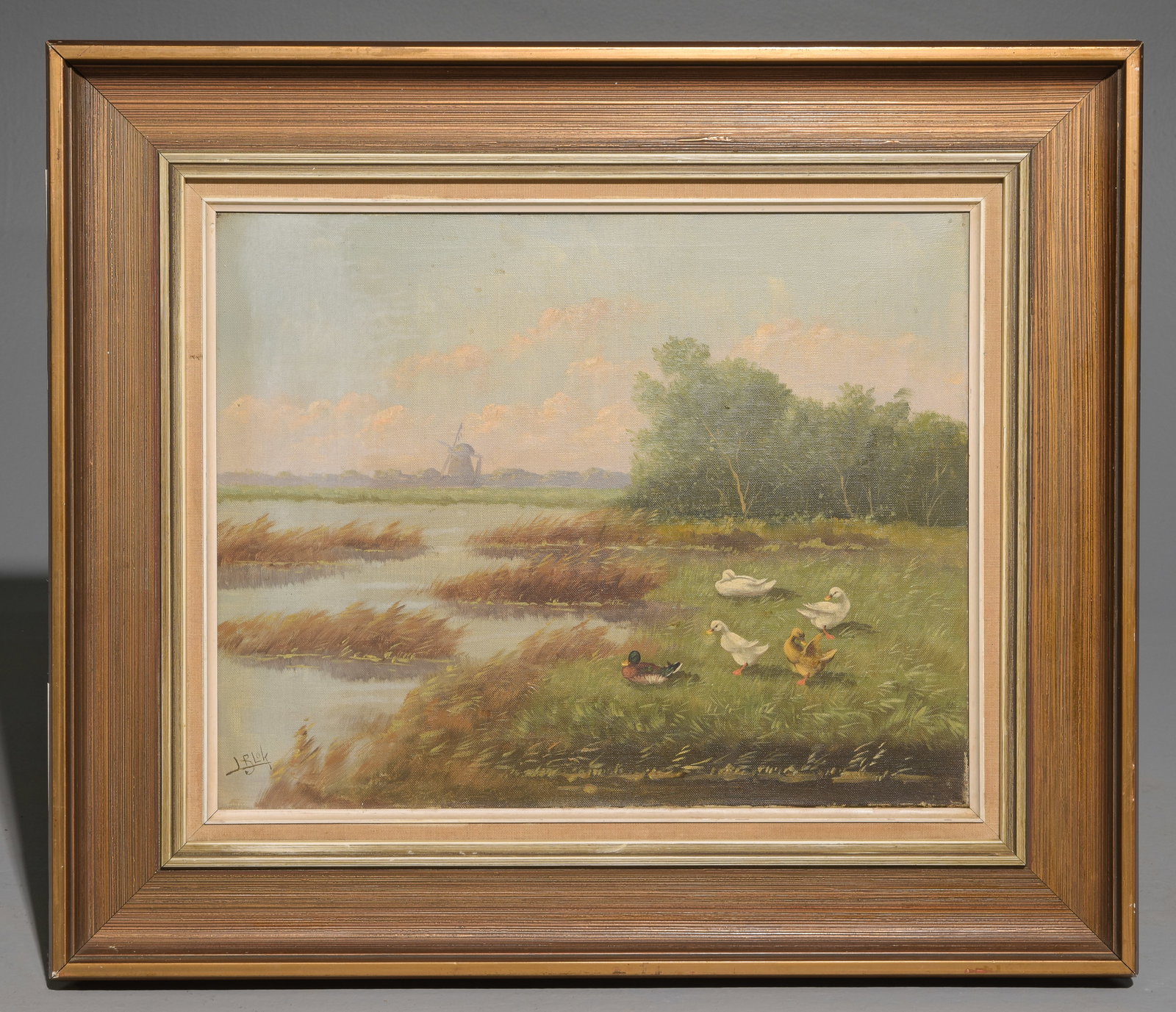 Danish Framed Oil on Canvas Landscape with Ducks: Danish Framed Oil on Canvas Landscape with Ducks - 24 in tall x 28 x 2, The work itself is 15.5 x 19