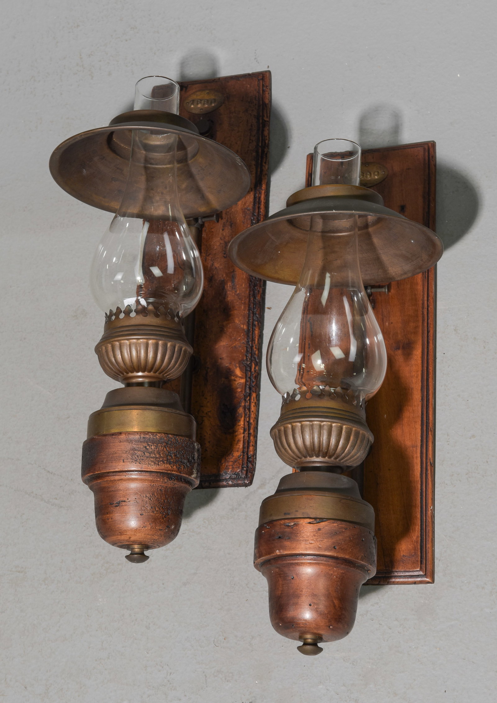 French Pair of Metal & Walnut Sconces: French Pair of Metal & Walnut Sconces - 24 in tall x 6 x 10.5 each