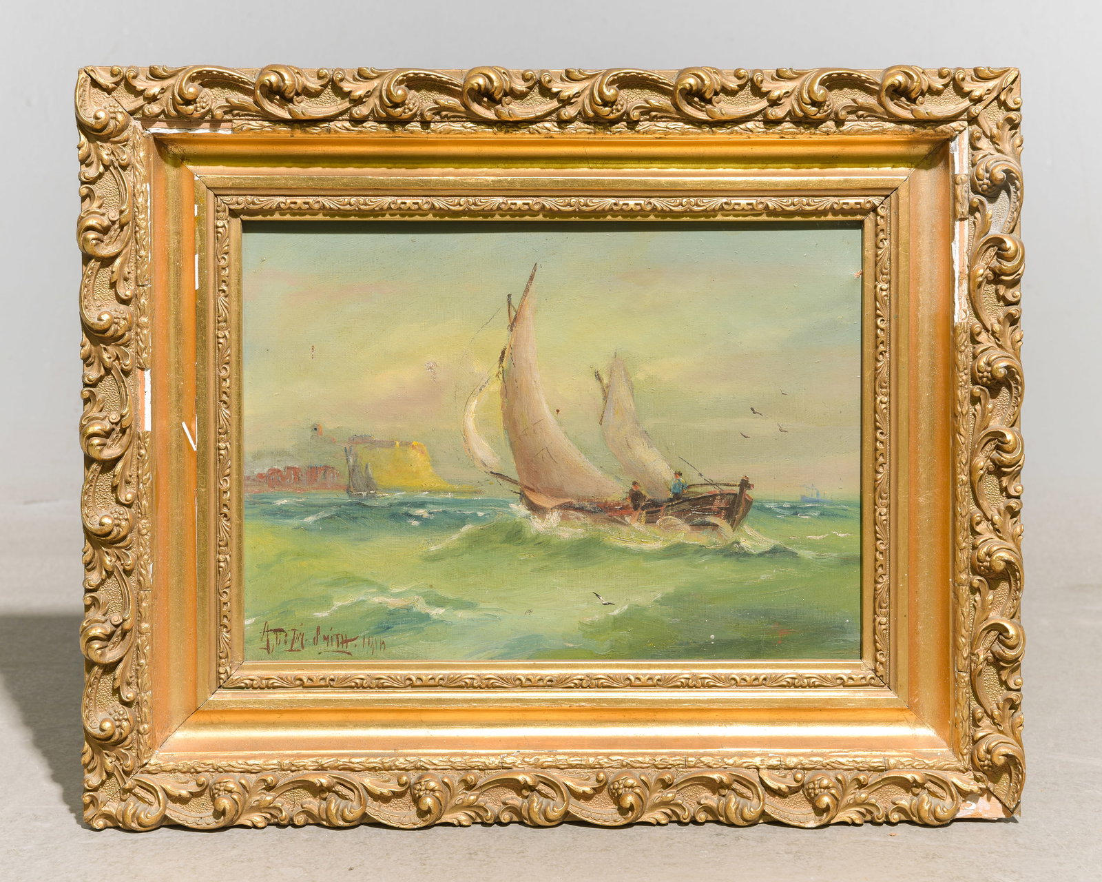 Gold Framed Antique Oil on Canvas - Sailboats (1 of 3)