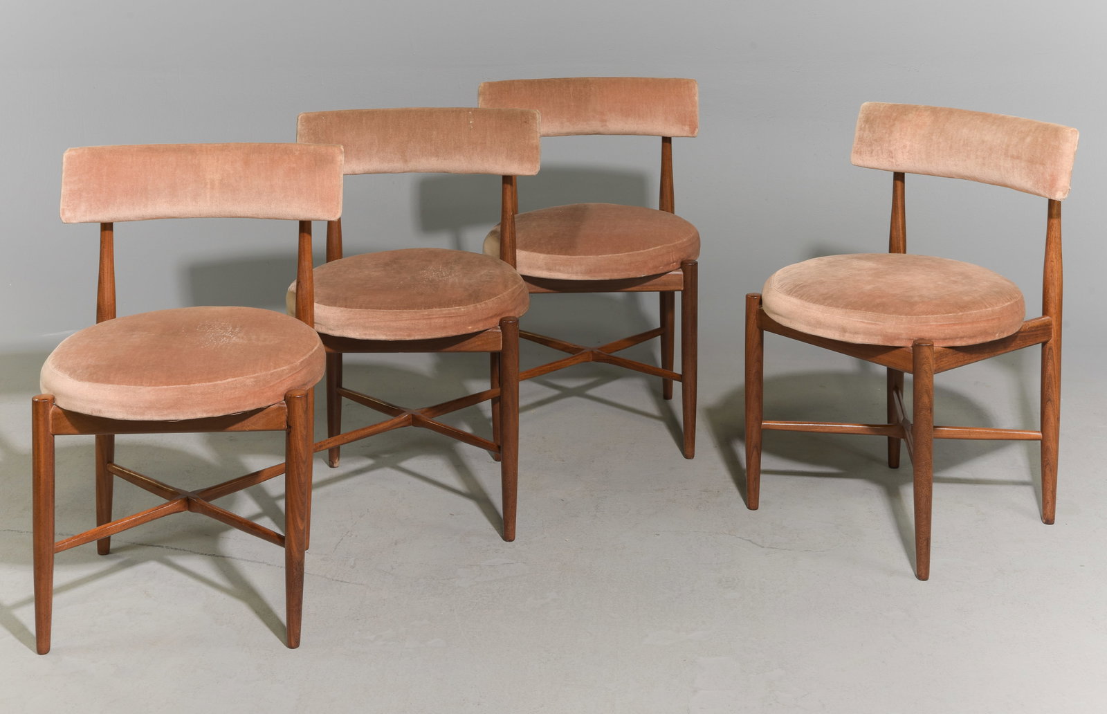 4 Mid Century Round Dining Chairs By G-Plan: This set of 4 Danish Modern Style Teak Dining chairs is made by British Furniture Maker G-Plan (Gplan). - 30.5 in tall x 18.5 x 19 each with a seat height of 18 inches