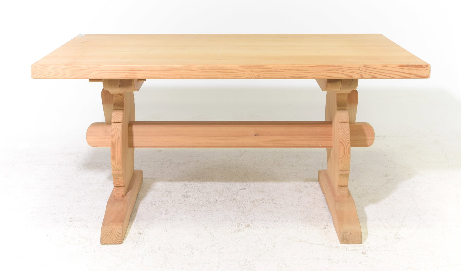Swedish Mid Century Pine Trestle Base Dining Table: Swedish Mid Century Pine Trestle Base Dining Table - 30 in tall x 63 x 32, floor to apron is 24.5 in