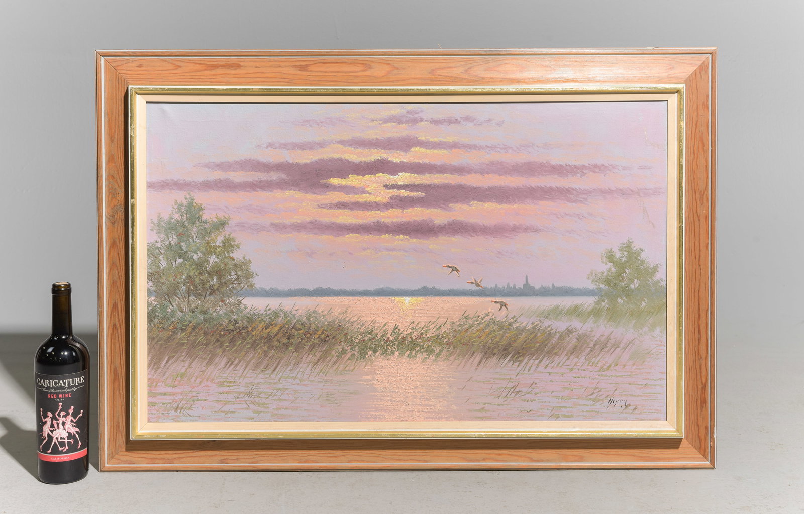 Swedish Framed Sunset Oil On Canvas: Swedish Framed Sunset Oil On Canvas - 26 in tall x 38 x 2, art itself is 20 in x 32