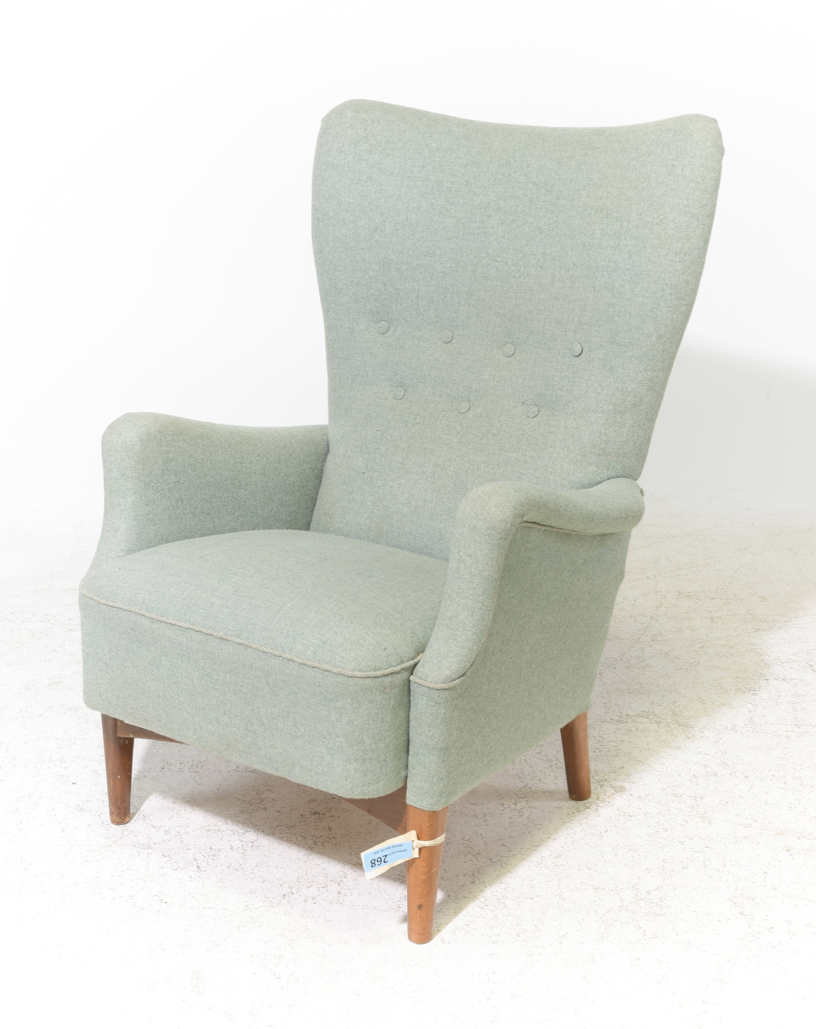 Danish Modern Wing Back Tufted Arm Chair: Danish Mid Century Modern Wing Back Tufted Arm Chair - 39.5 in tall x 27.5 x 24 with a seat height of 15.5 inches