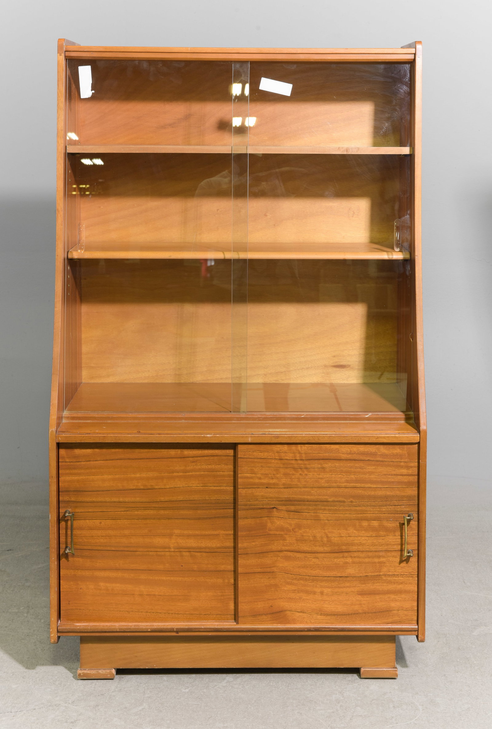 Mid Century Modern Bookshelf / Cabinet: Danish Modern Style Bookshelf / Cabinet with Sliding Glass Doors - 52 in tall x 30 x 15