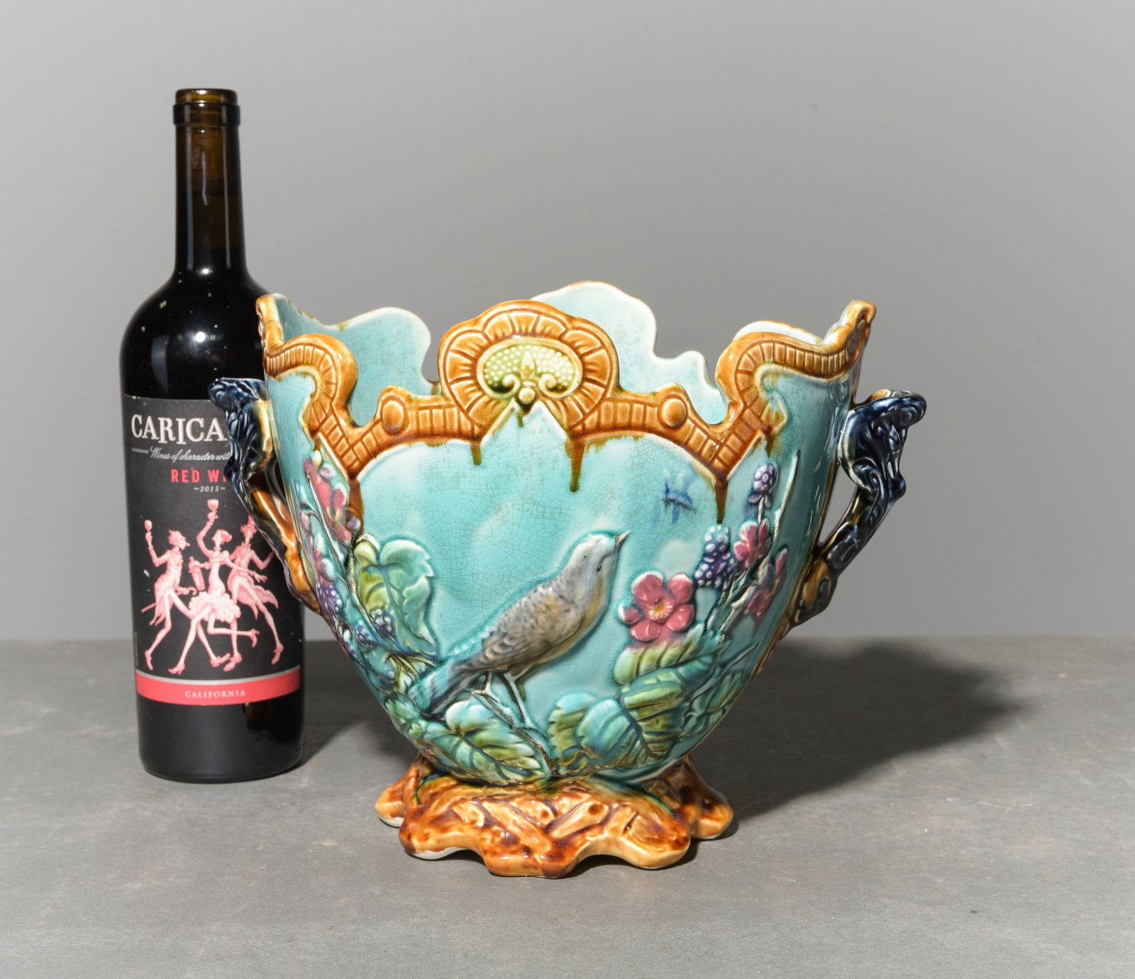 Onnaing Majolica Planter / Jardiniere with Bird Motif: French Onnaing Majolica Planter / Jardiniere with Bird & Floral Motif - 9 in tall x 11 x 8.5