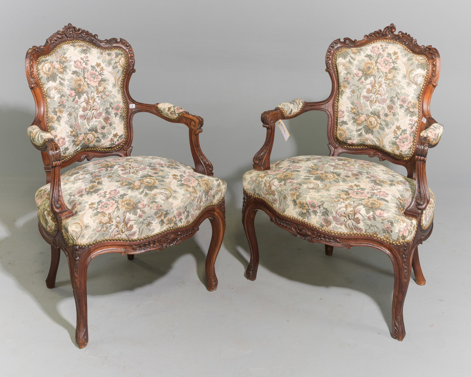Louis XV Style Pair of Carved Walnut Arm Chairs (1 of 5)