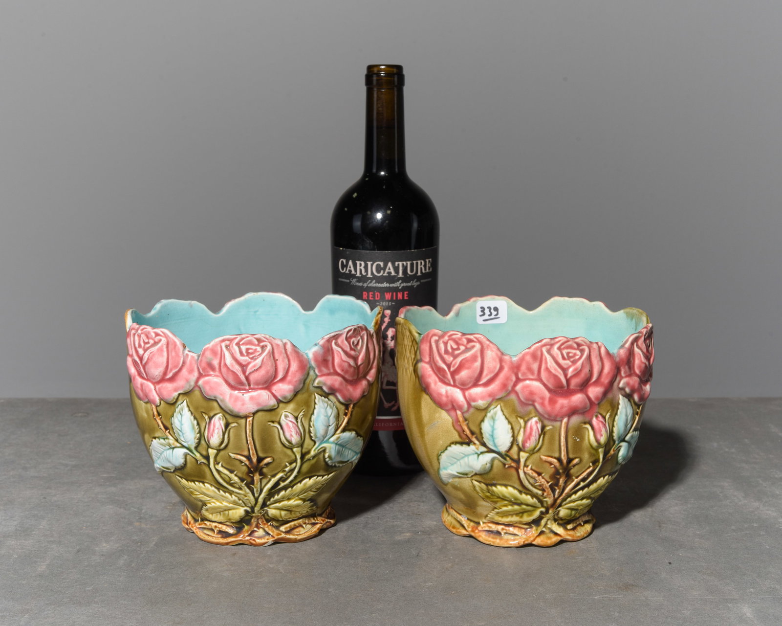 French Majolica Petite Pair of Planters / Jardiniers: French Majolica Petite Pair of Planters / Jardiniers - 5.5 in tall x 6.75 inch diameter each