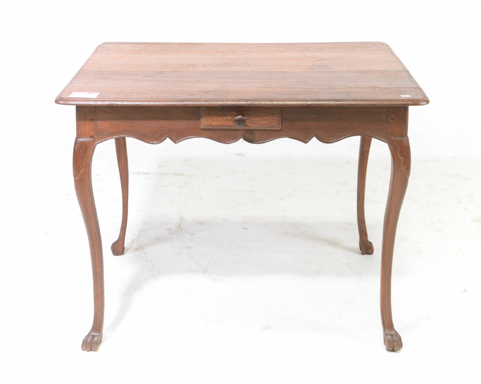 French Louis XV Style Oak Table with Drawer: French Louis XV Style Oak Writing Table with Drawer - 27 in tall x 36.5 x 27.5, Floor to apron is 22 inches and the space between the legs is 29.5 inches