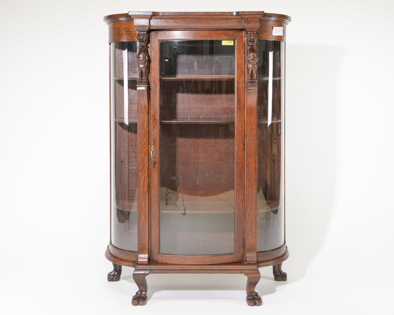 American Oak China Cabinet with Winged Griffins: American Oak China Cabinet / Showcase with Winged Griffins on Paw Feet attributed to R.J. Horner - 67 in tall x 46.5 x 17