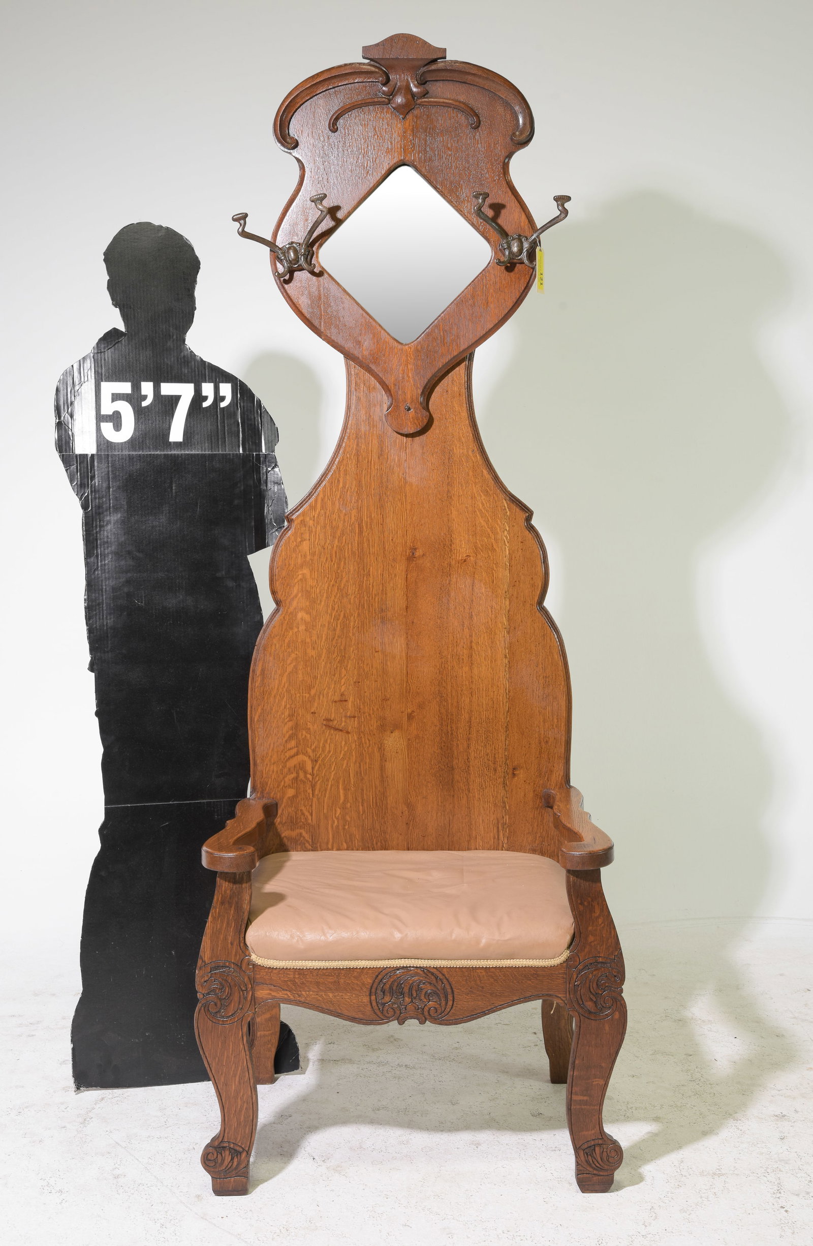 American Oak Mirror Back Hall Seat with Iron Hooks (1 of 4)
