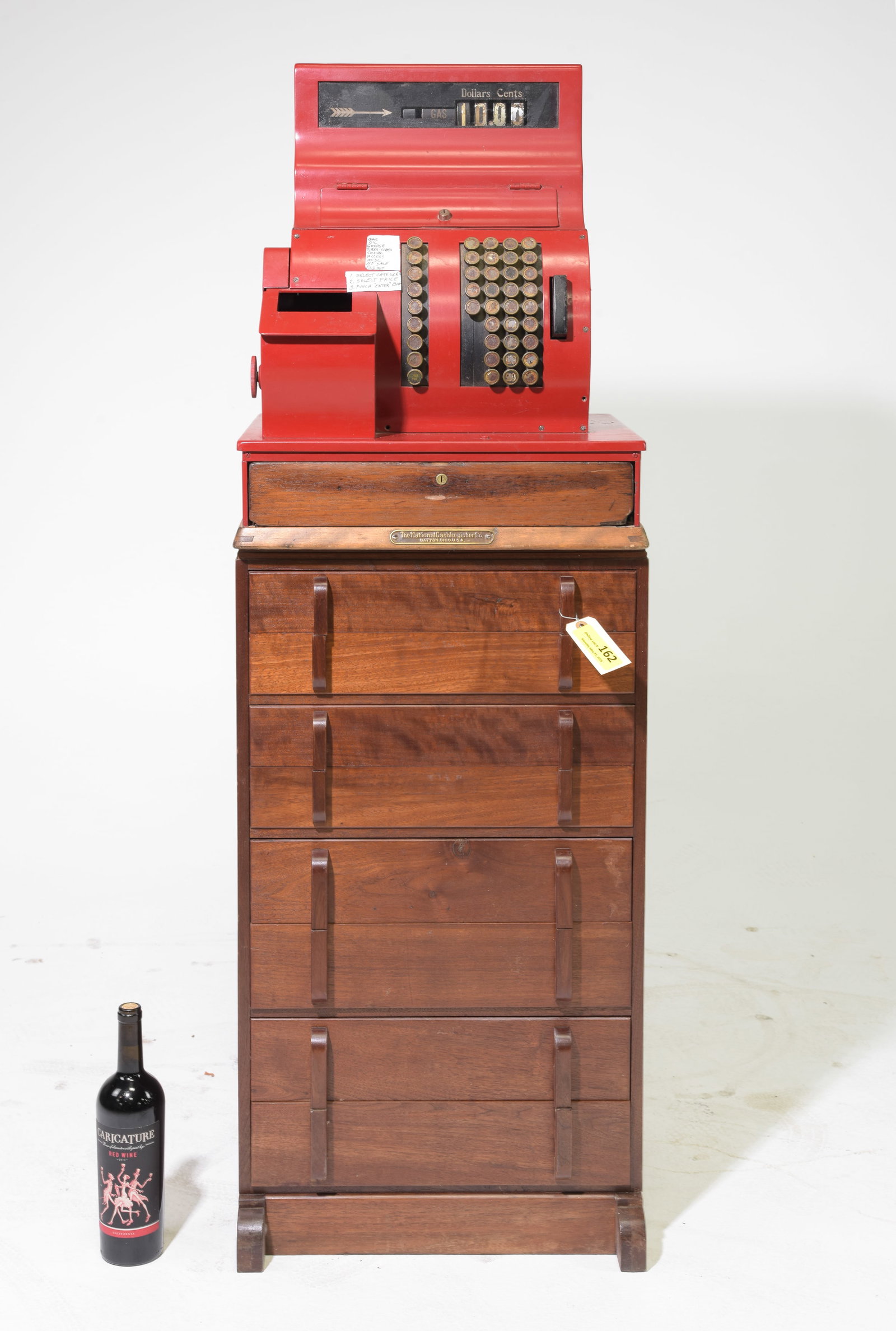 Red Steel Case National Cash Register on Oak Stand: Red Steel Case National Cash Register on Oak Stand - 3204673-1082 - 56 in tall x 19 x 16