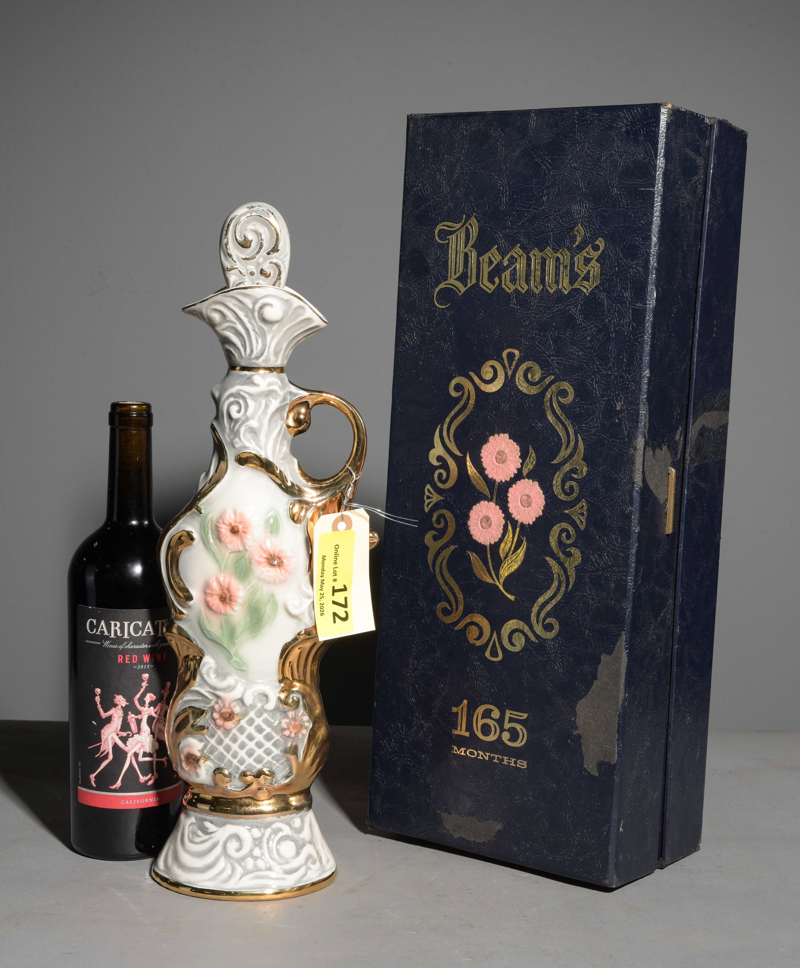 Jim Beam "Beams 165 Months" Whiskey Dencanter c.1971: Jim Beam "Beams 165 Months" Whiskey Dencanter c.1971 in original Box - 19 in tall x 7.5 x 5 - The bottle is 17 in tall x 5.5 x 4